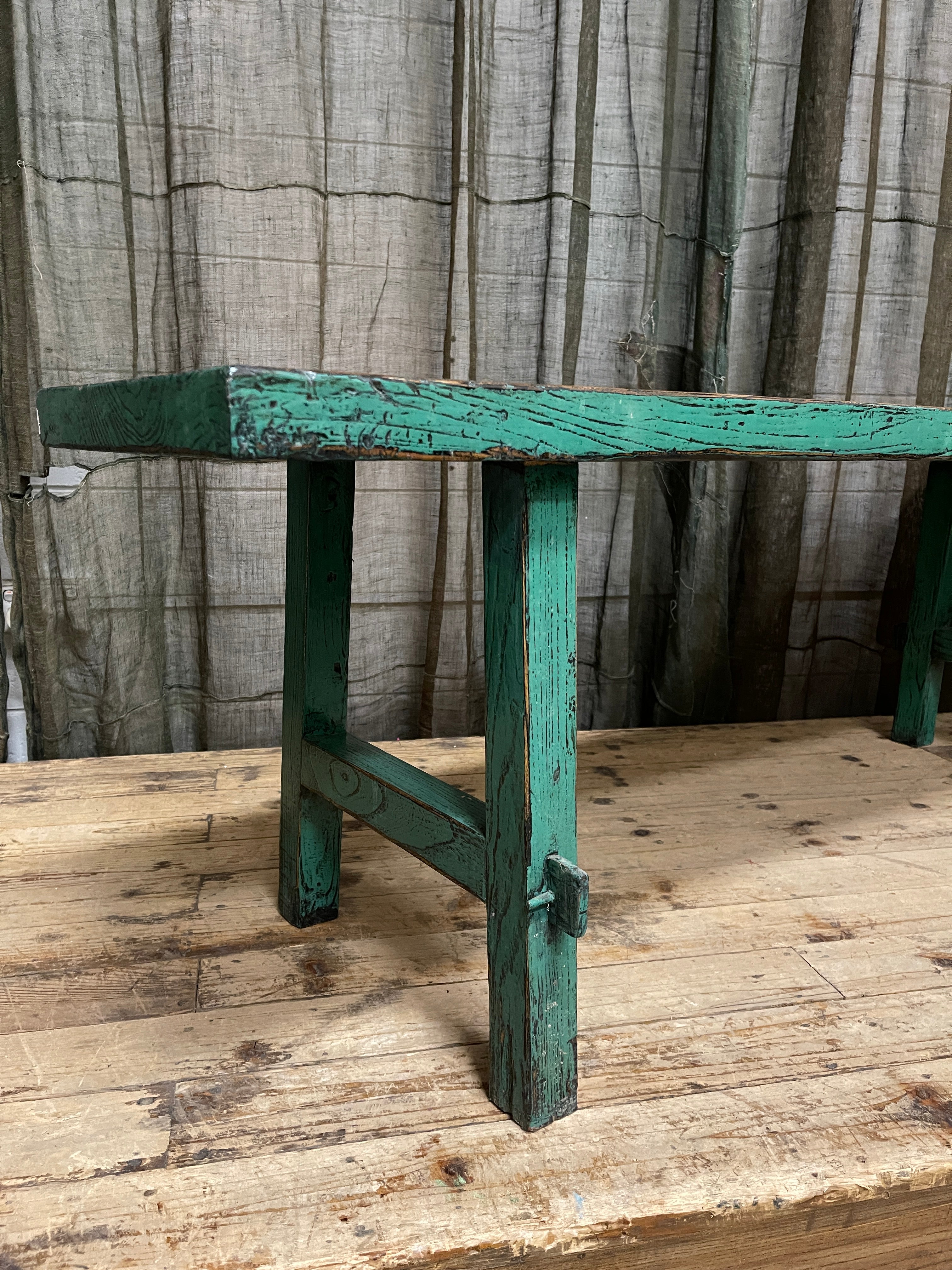 Provincial Chinese Light Green Painted Bench