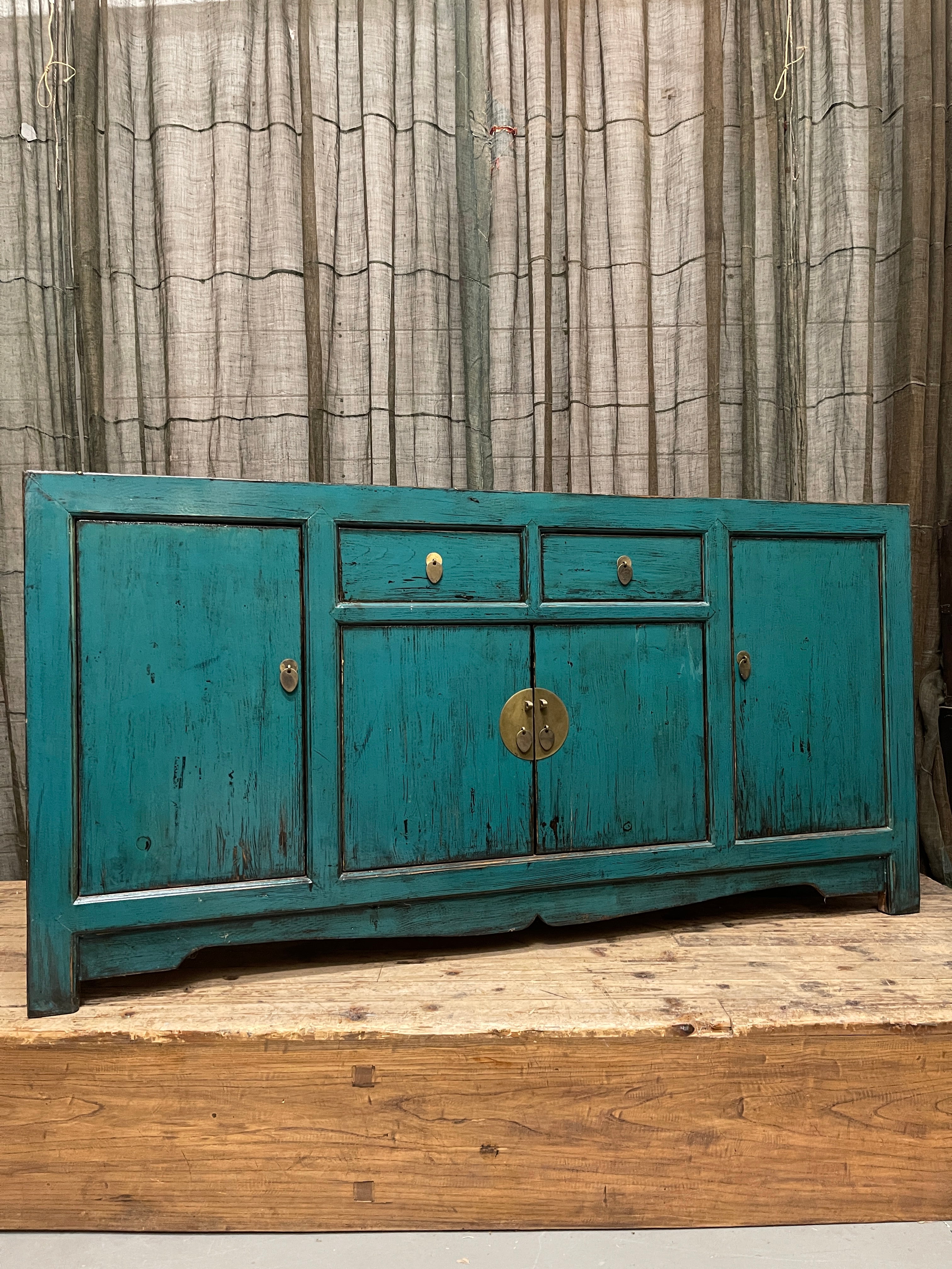 Chinese Teal Lacquered Cabinet, Round Medallion Pull