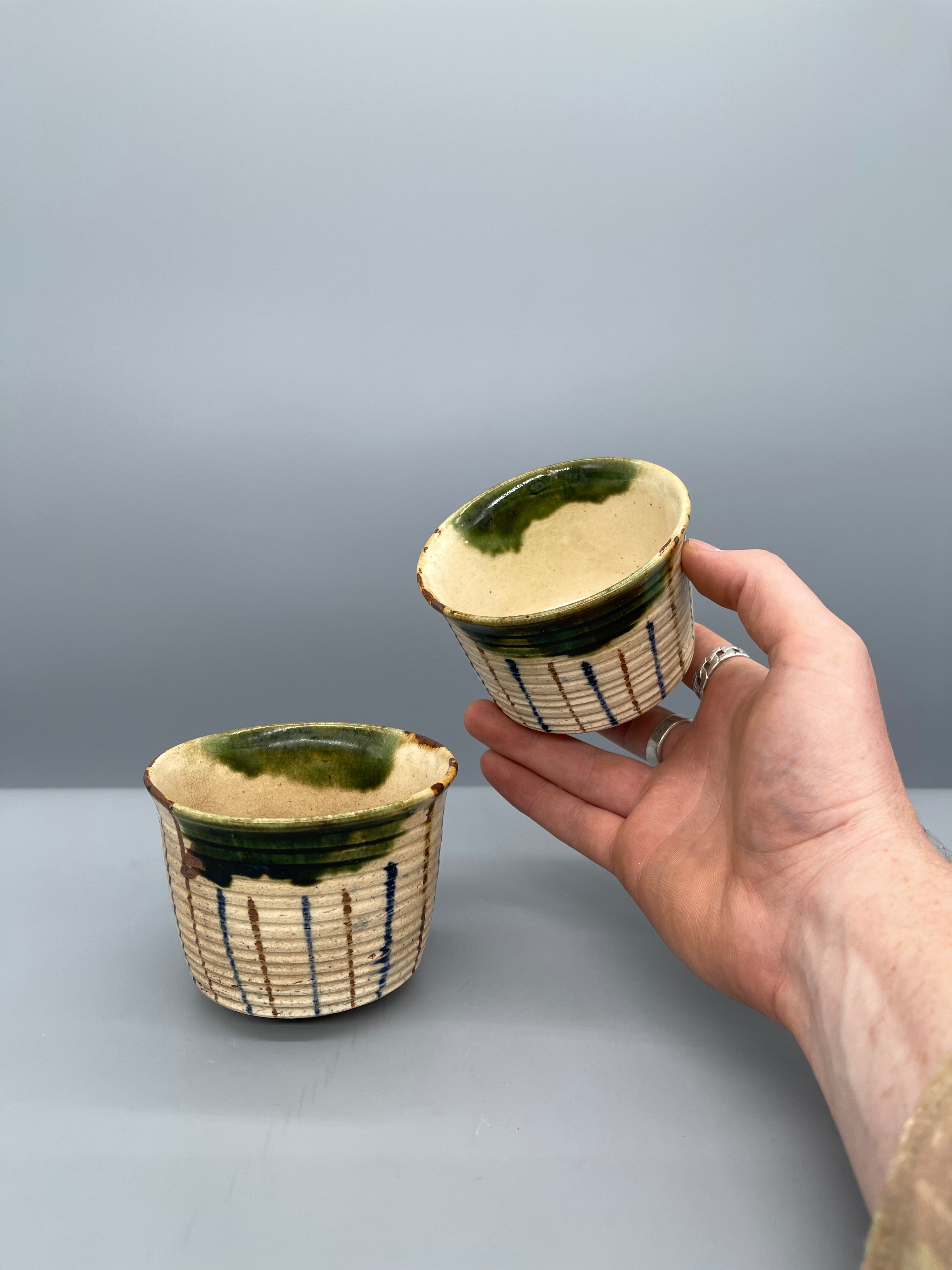 Vintage Japanese Oribe Tea Cups, Set of Two - Stoneware