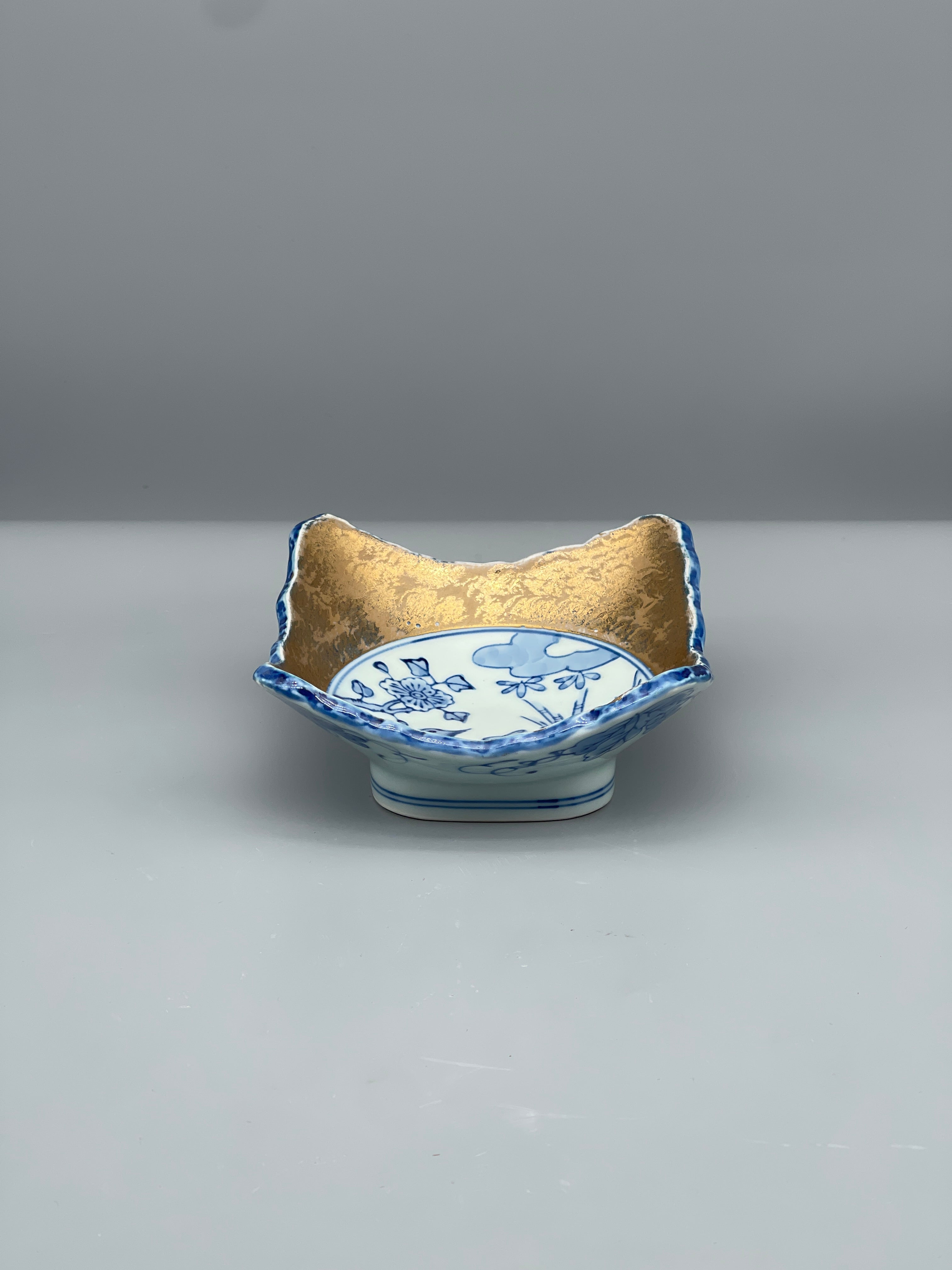 Small Japanese Side Dish Plate, Blue, White, and Gold.