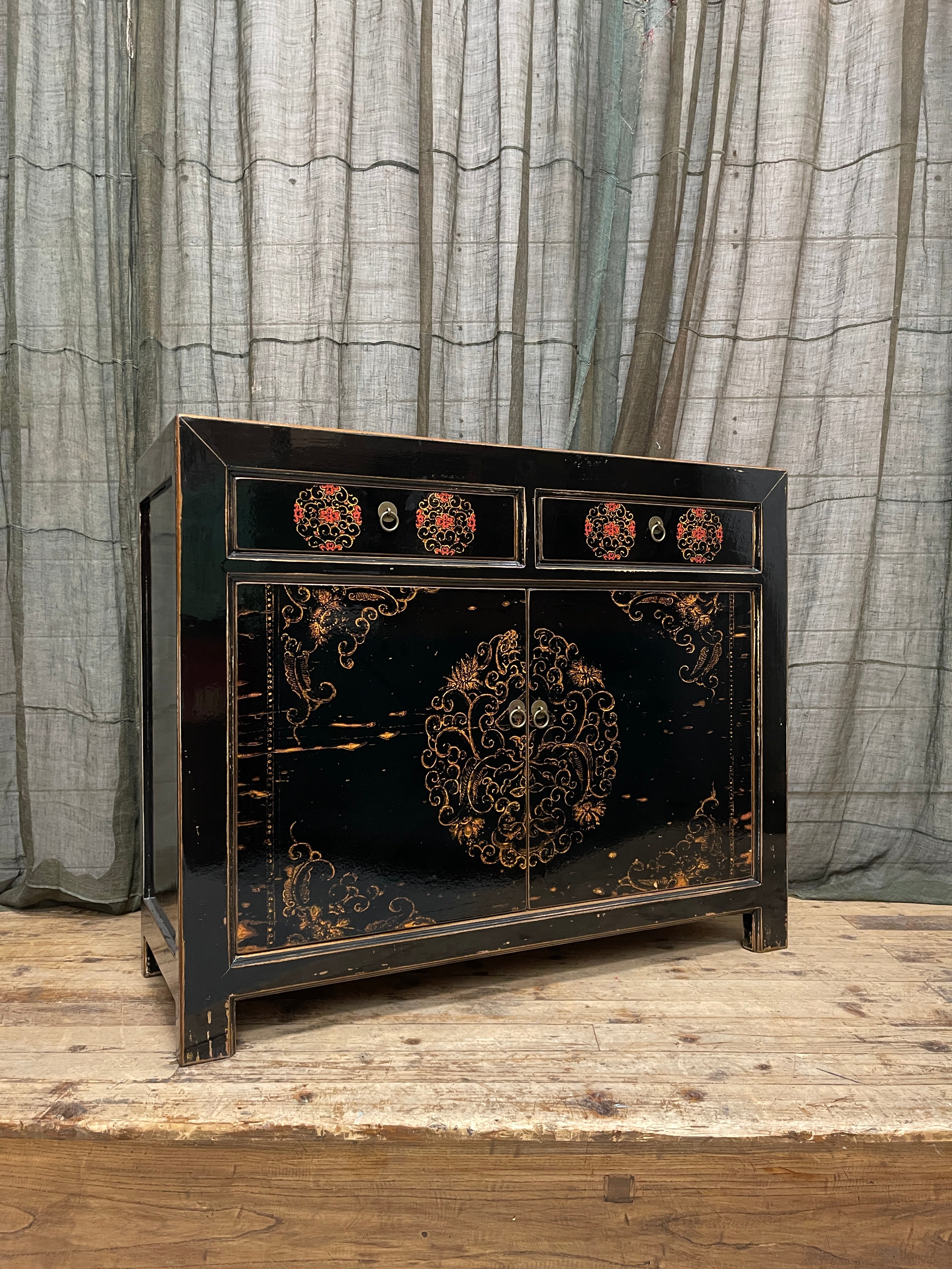 Chinese Black Lacquered Cabinet, Gold Floral Vine Motif