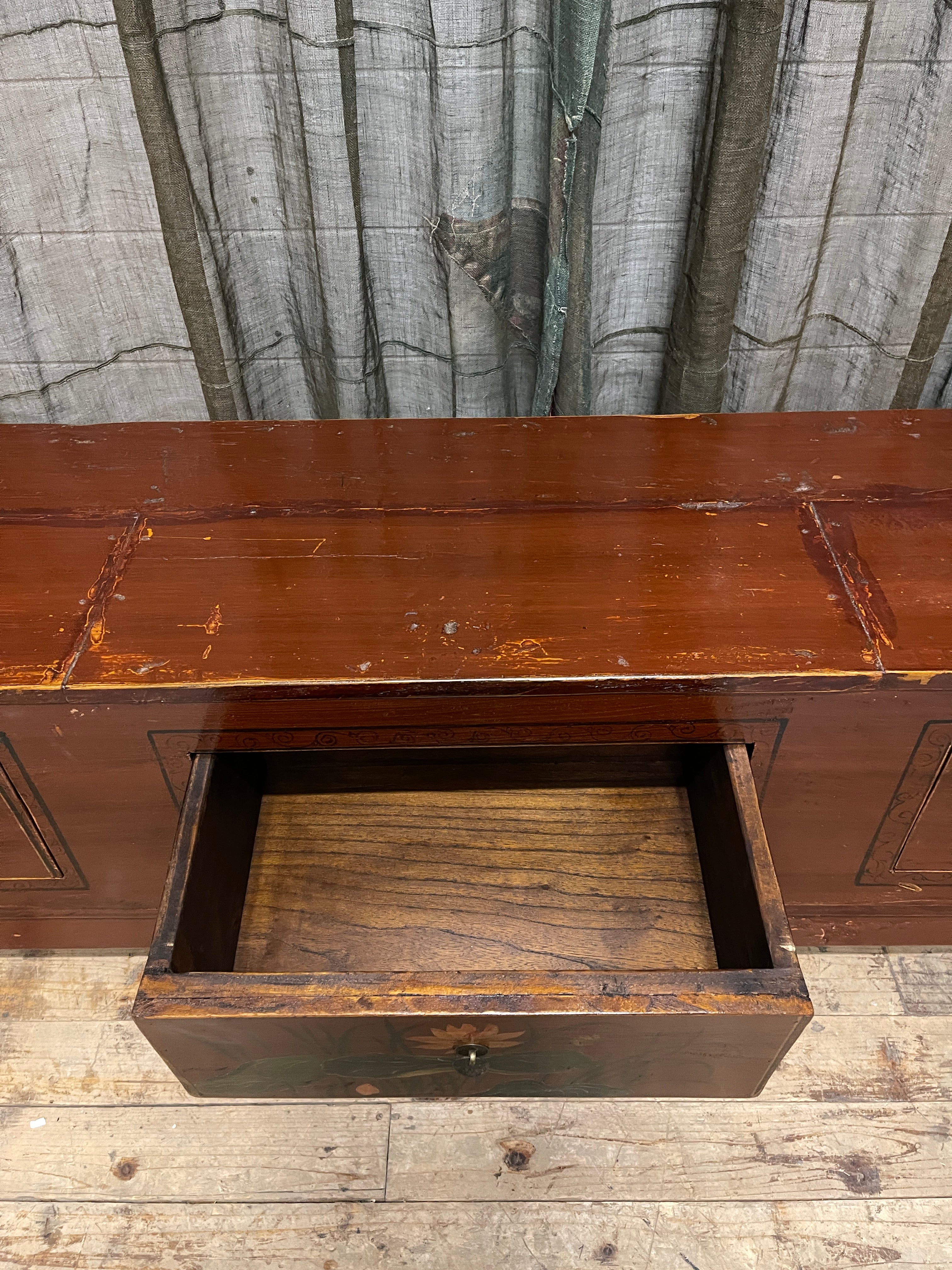 Antique Chinese Low Cabinet, 3 Drawer, Floral Panels