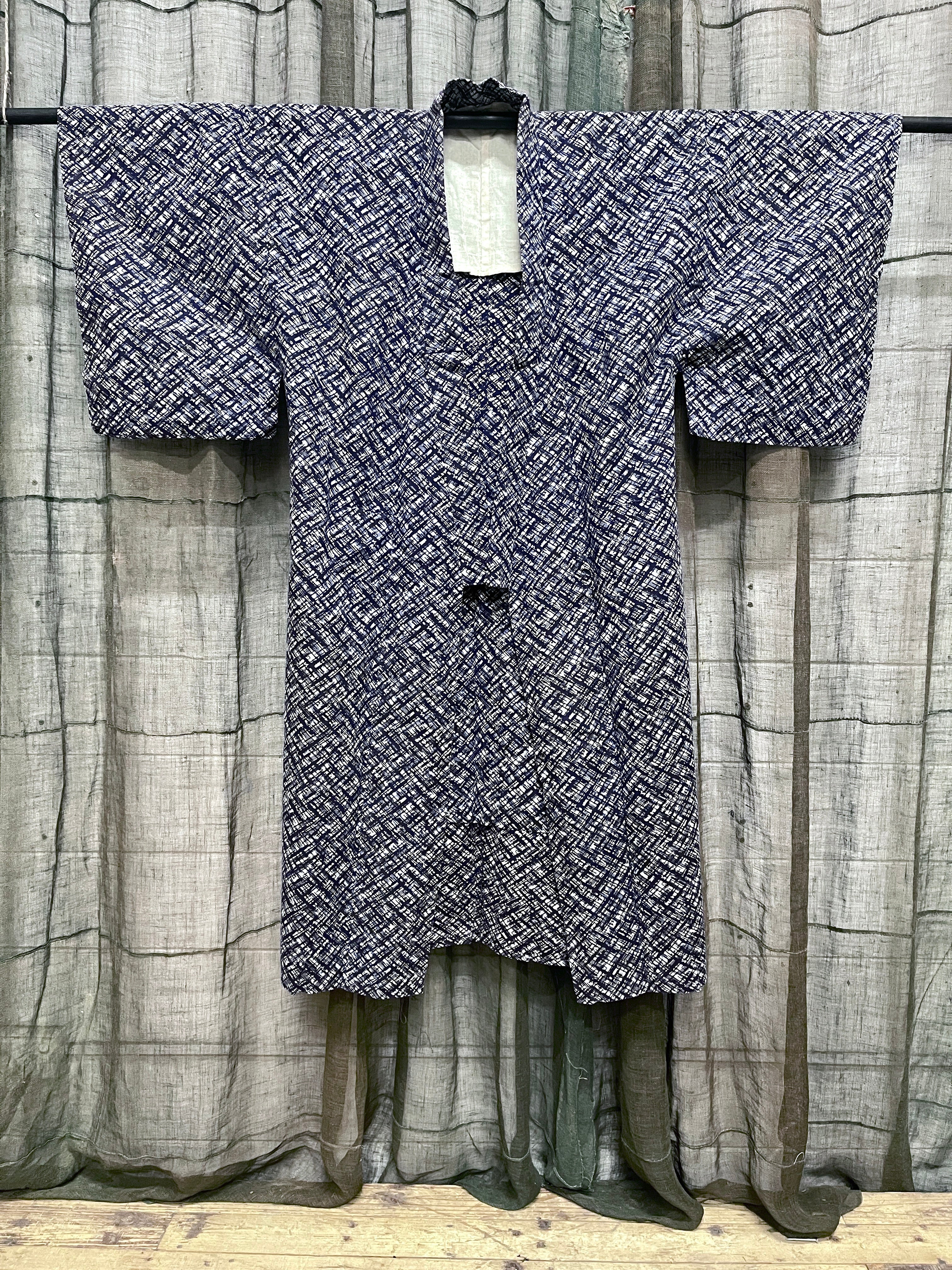 Vintage Yukata, Japanese Cotton Kimono with Geometric Pattern