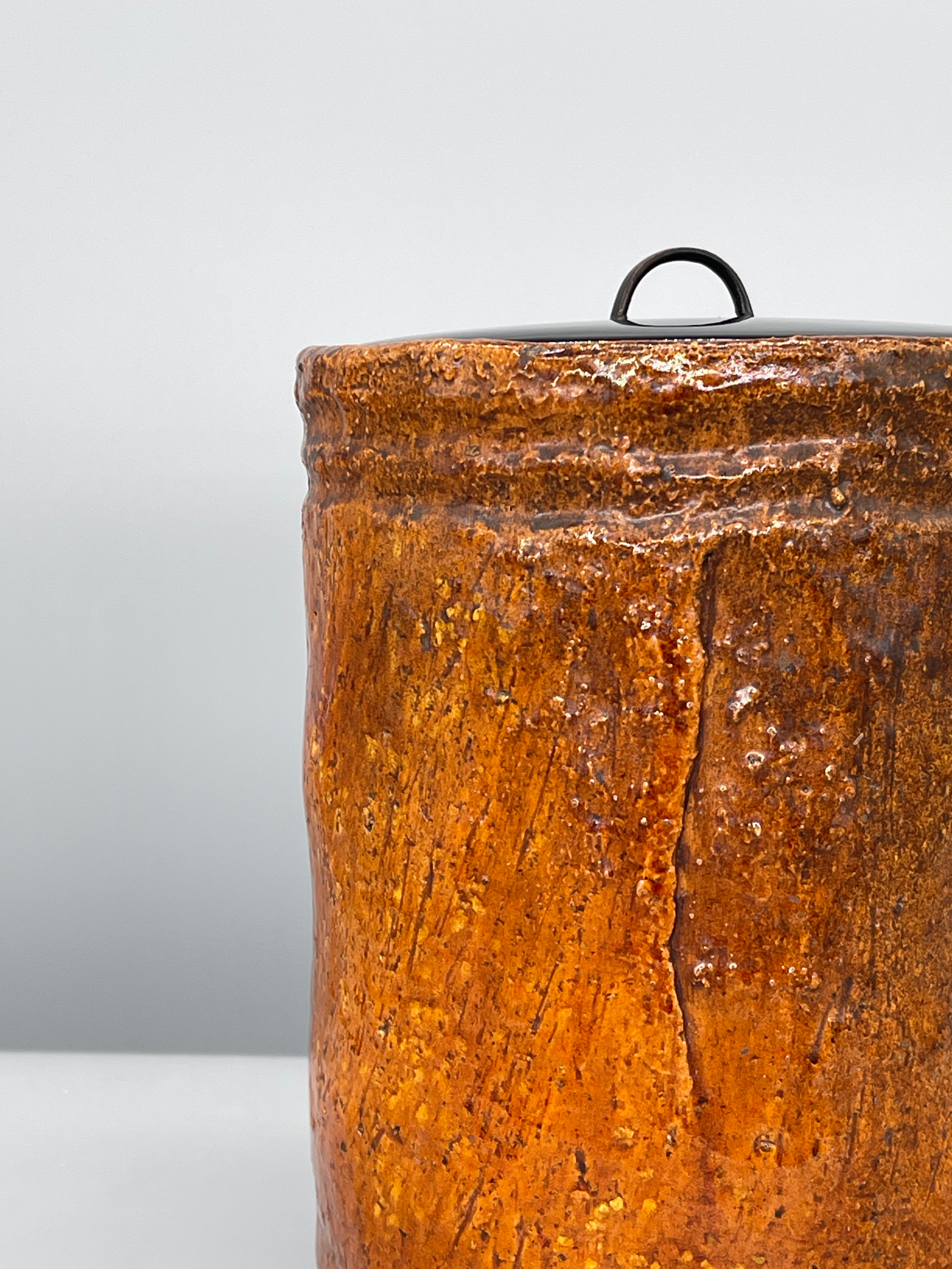 Vintage Japanese Ohi-Yaki Stoneware Lidded Jar, Orange Glaze - Mizusashi