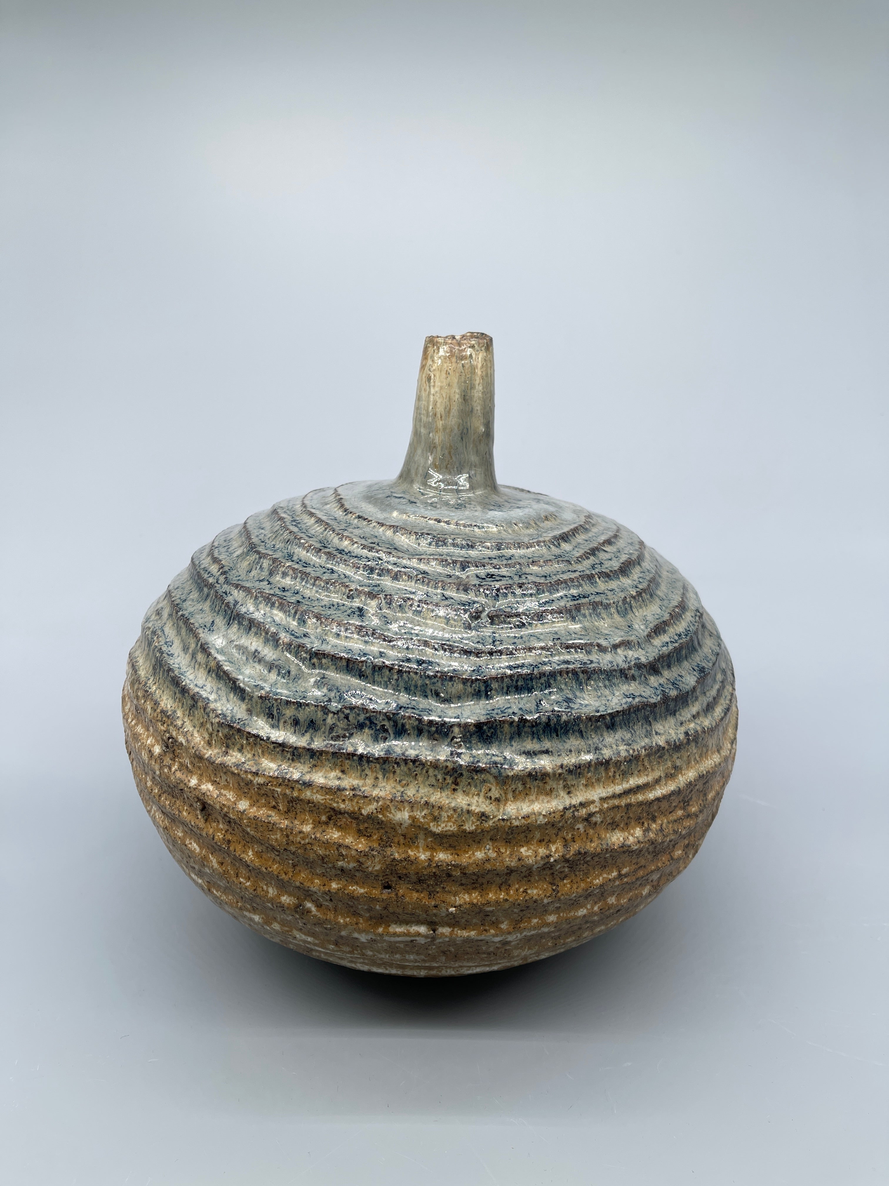 Large Vintage Japanese Ikebana Vase - Earthy Green & Blue Glaze