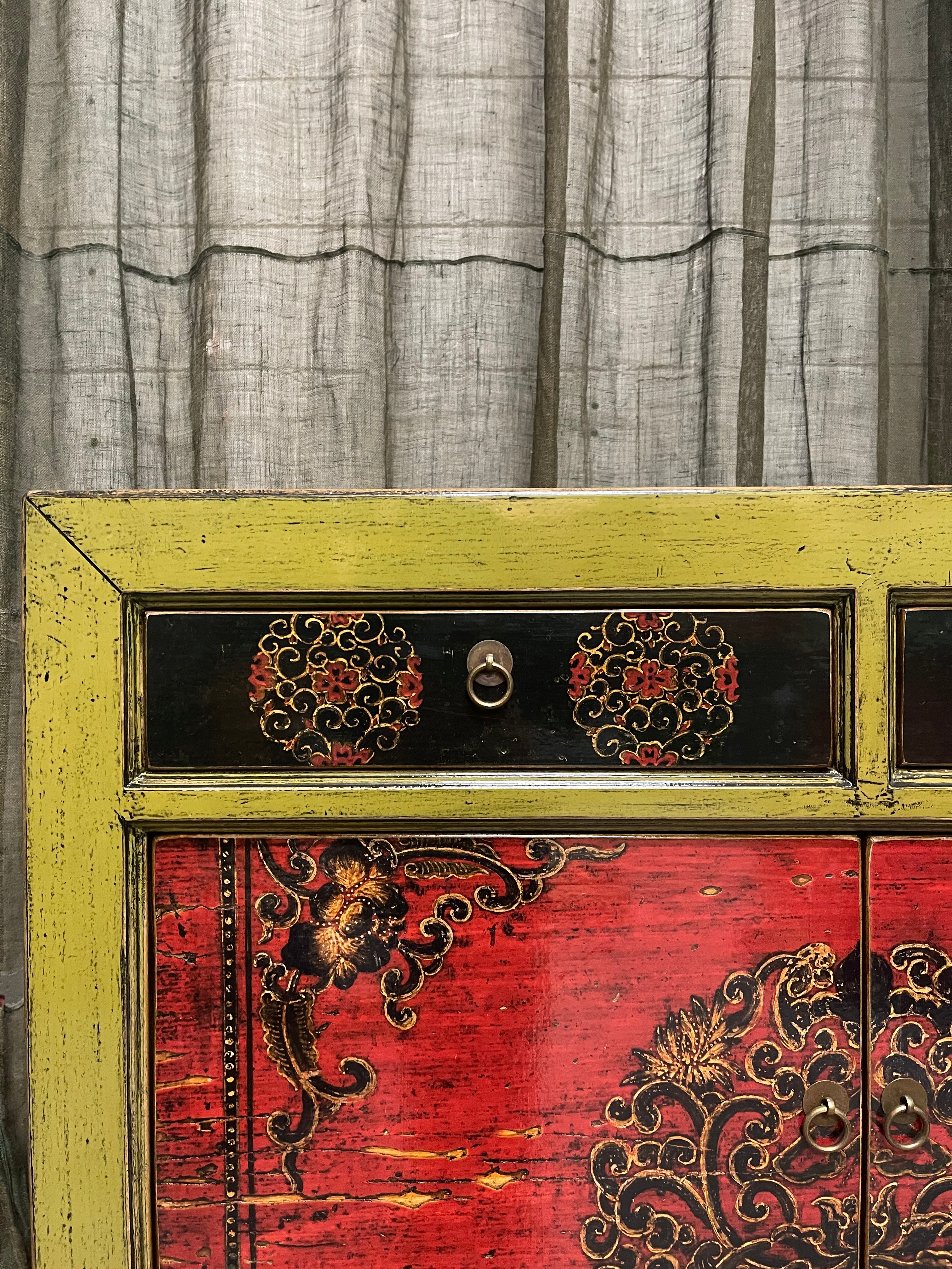 Chinese Green & Red Lacquered Cabinet, Floral Medallion