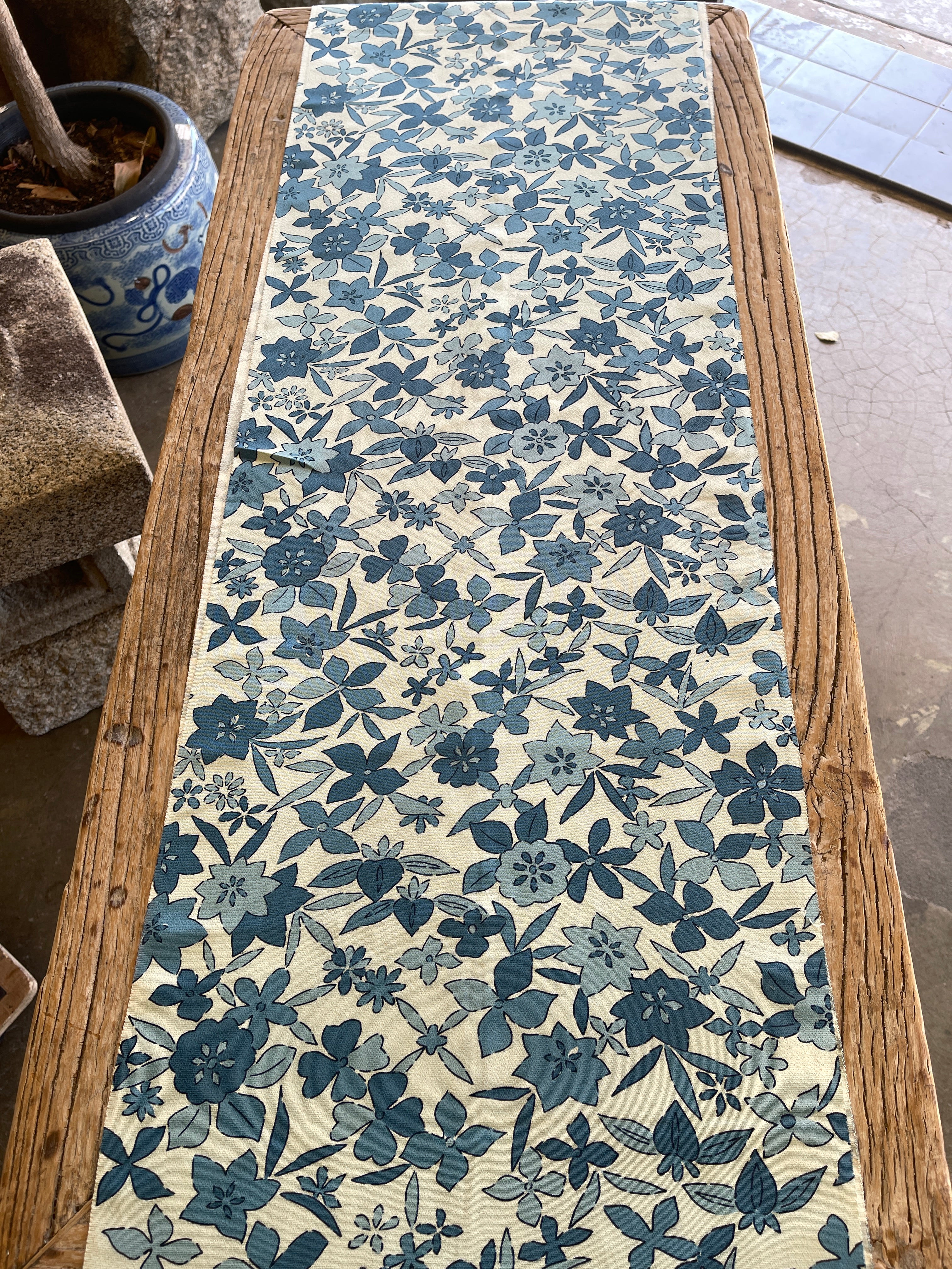 Japanese Silk Fabric, Blue Floral Pattern
