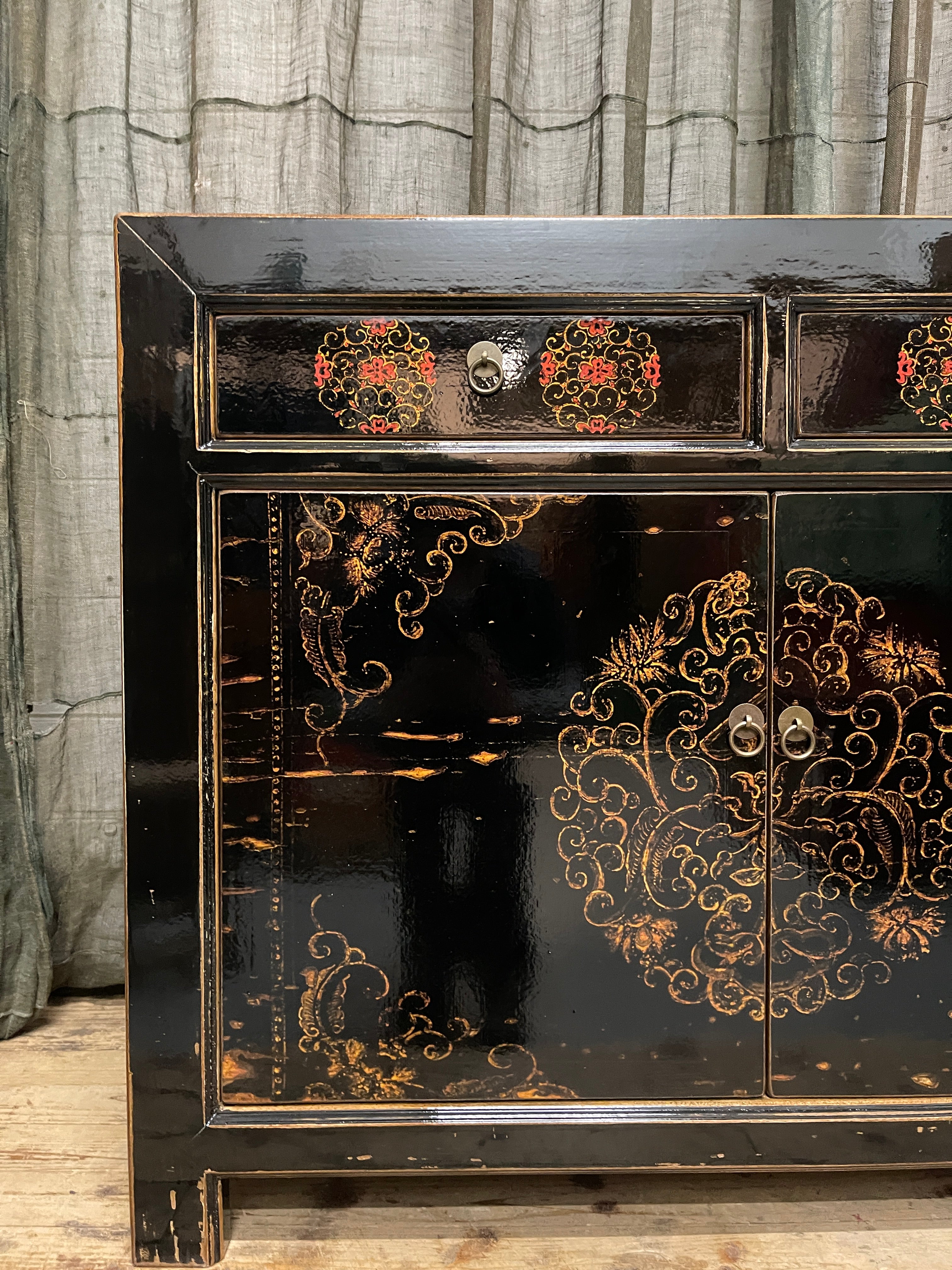 Chinese Black Lacquered Cabinet, Gold Floral Vine Motif