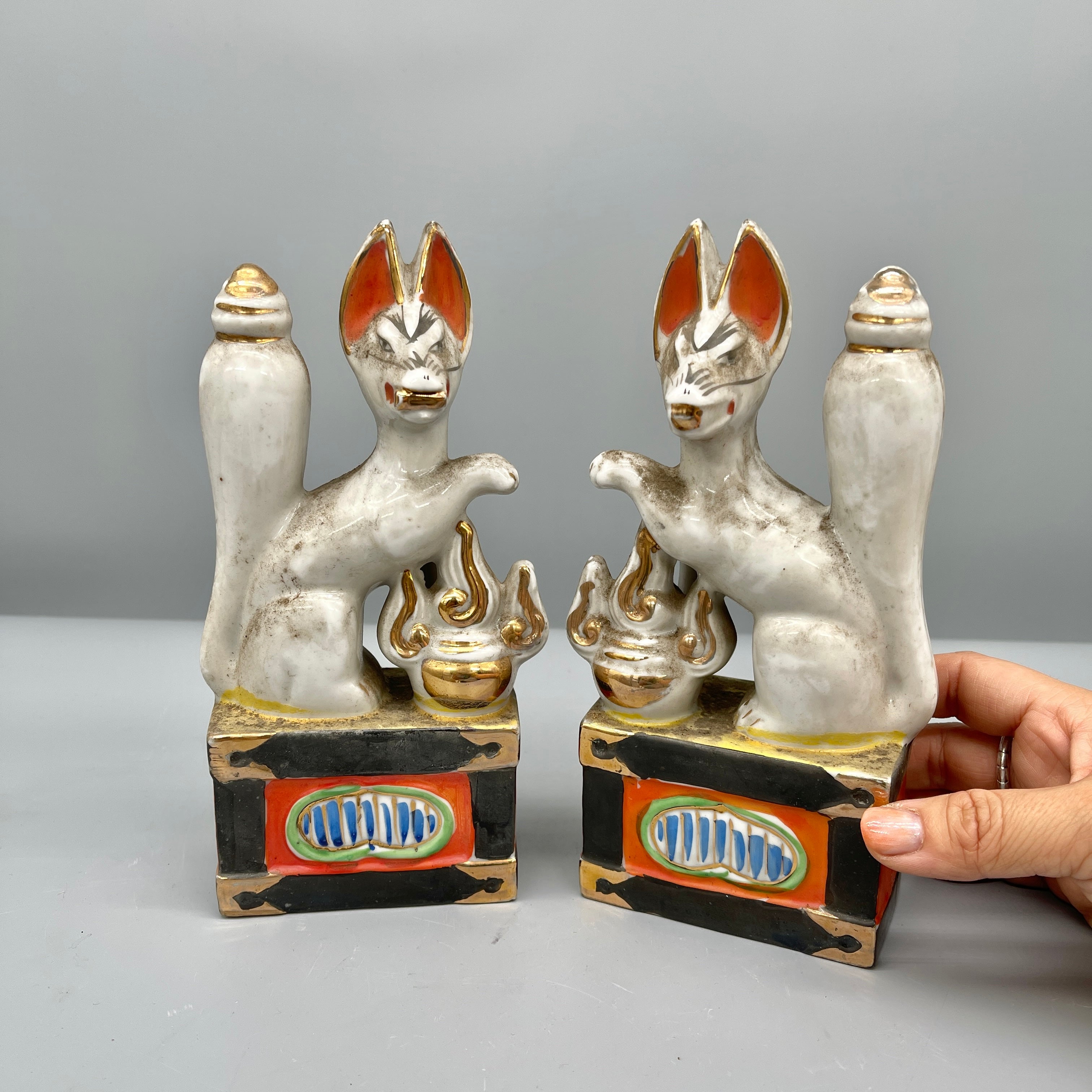 Pair of Vintage Japanese Porcelain Kitsune Statues