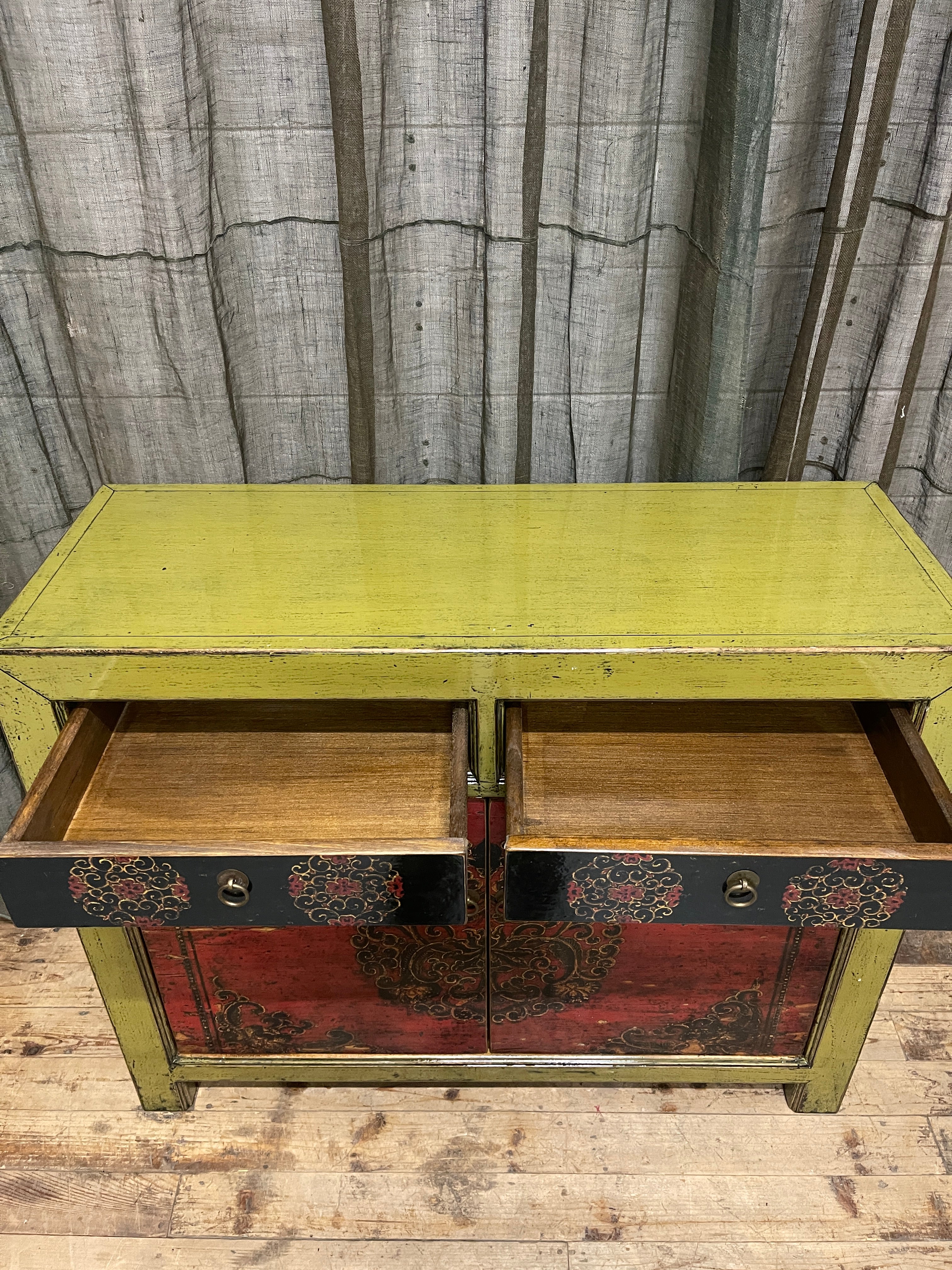Chinese Green & Red Lacquered Cabinet, Floral Medallion