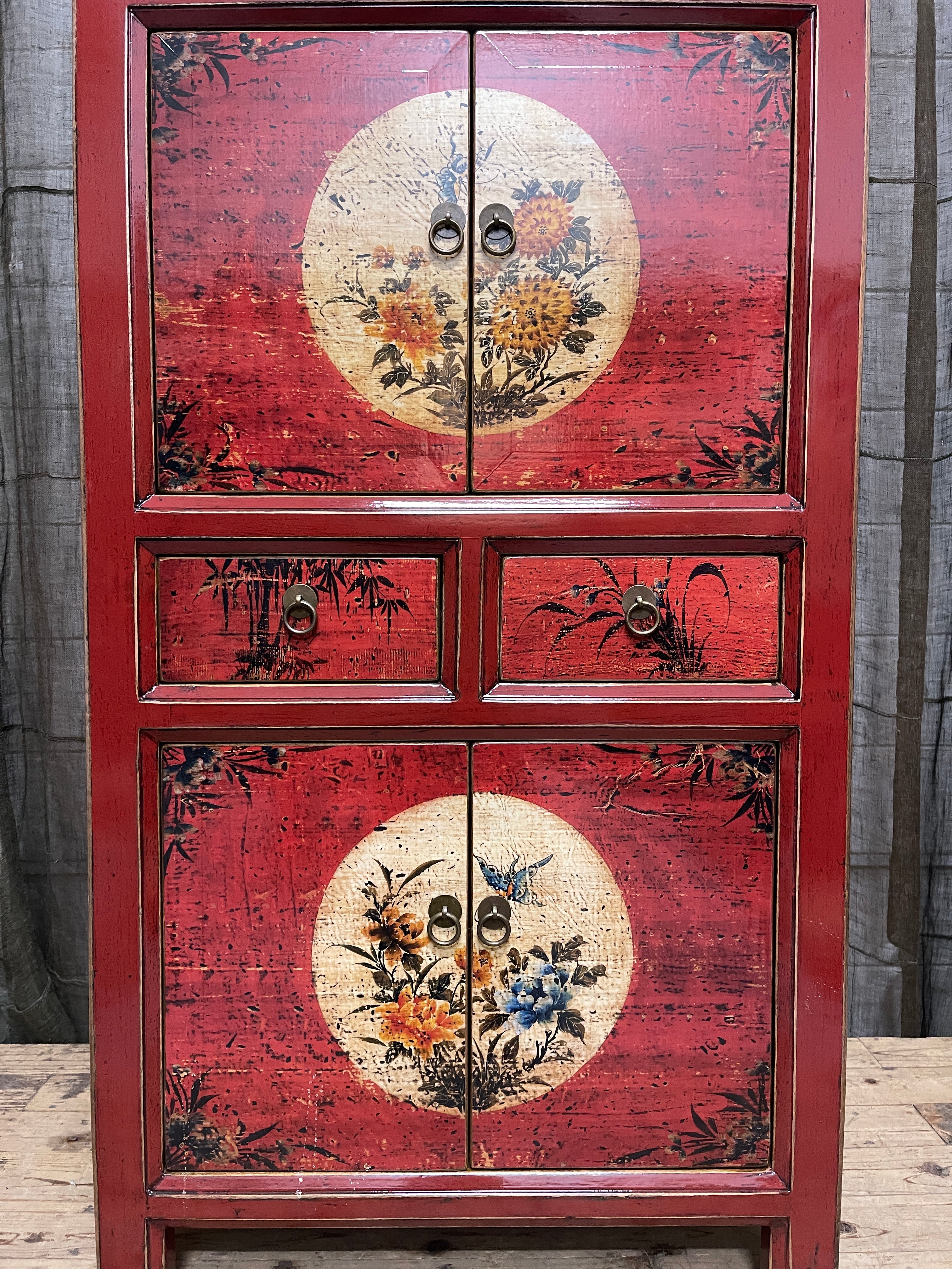 Chinese Red Lacquered Storage Cabinet, Floral Medallion