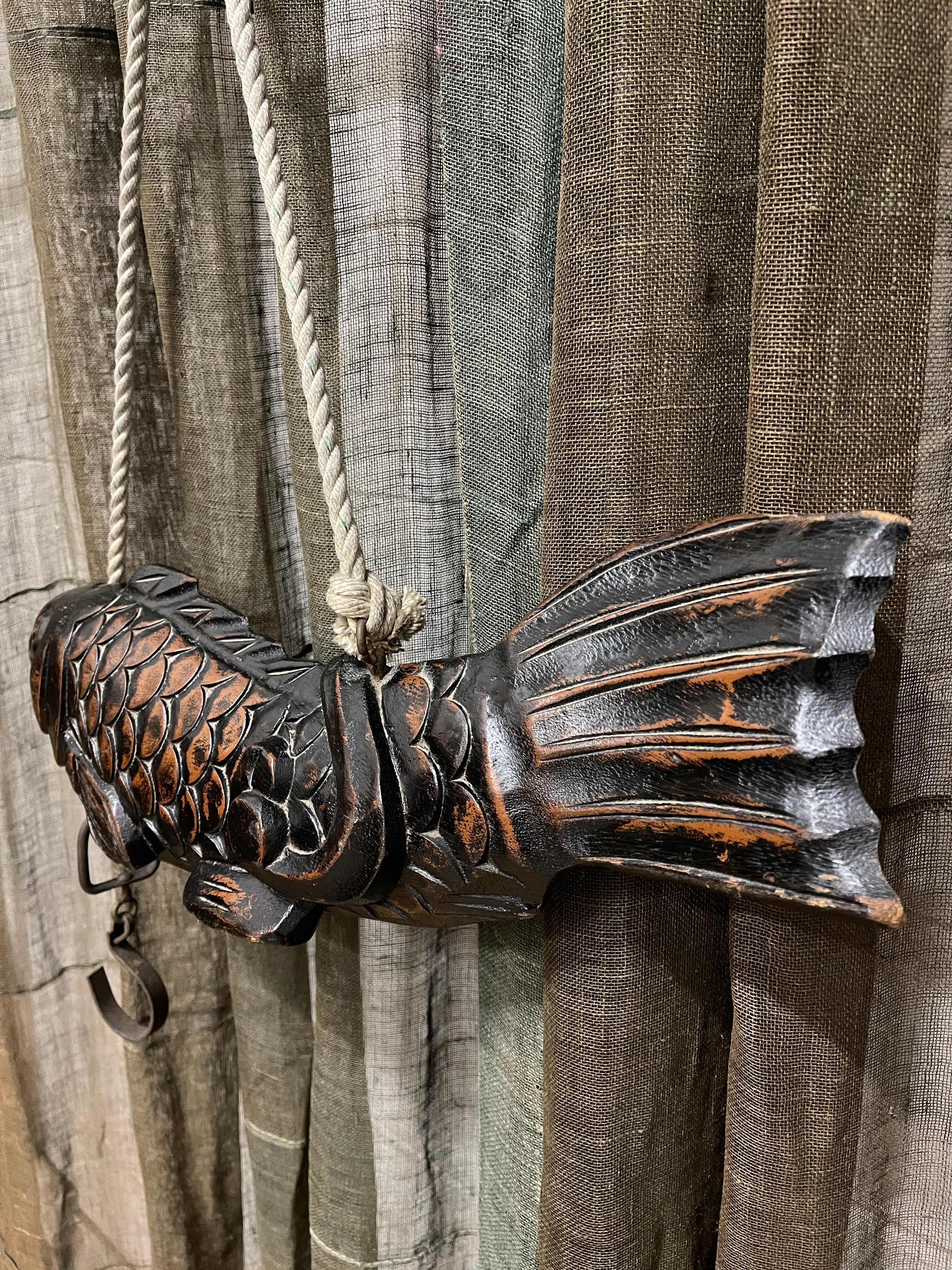 Vintage Japanese Carved Wooden Koi Fish, Jizai Kagi