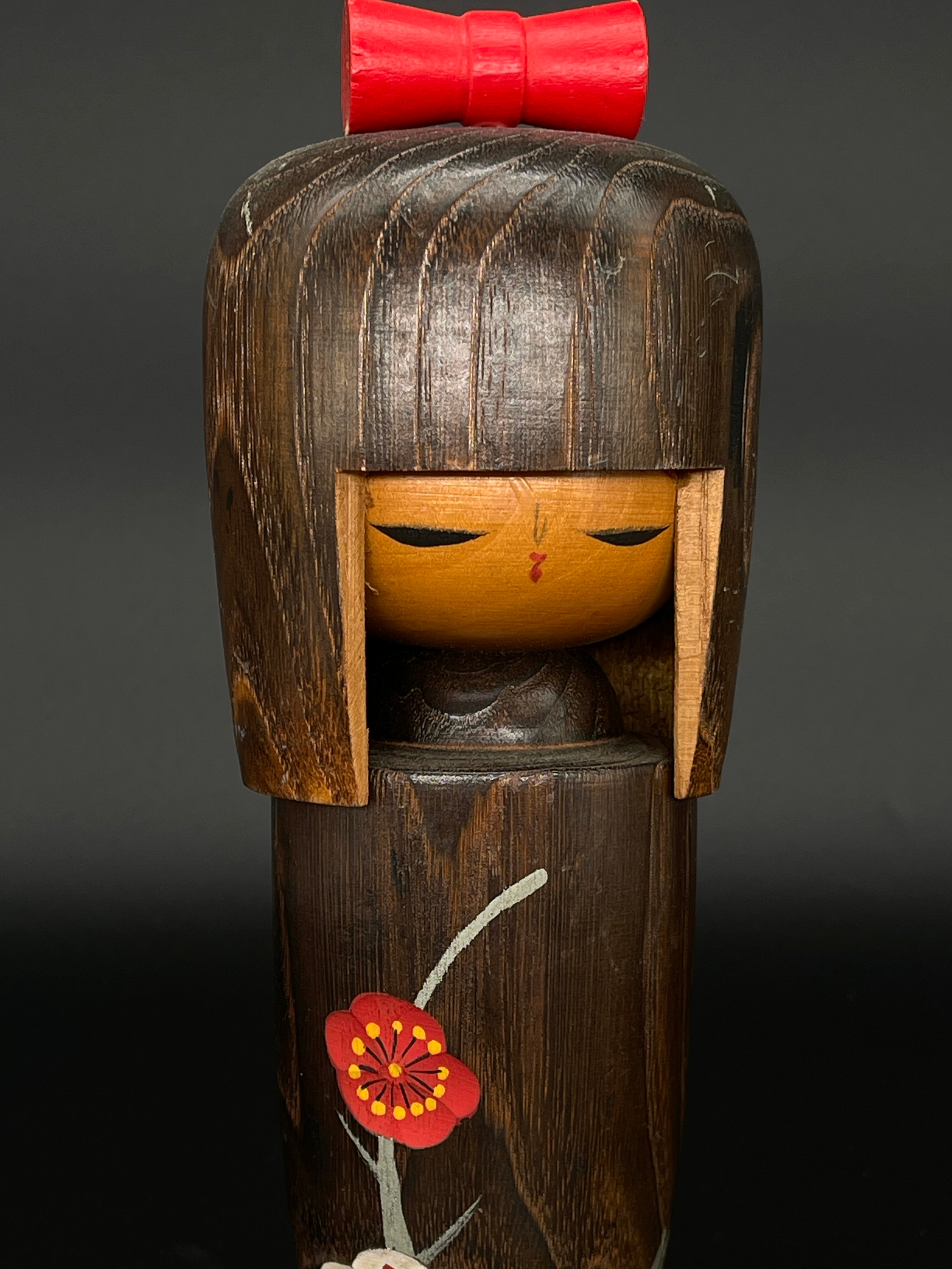 Vintage Japanese Kokeshi Doll with Plum Blossom Design Kimono