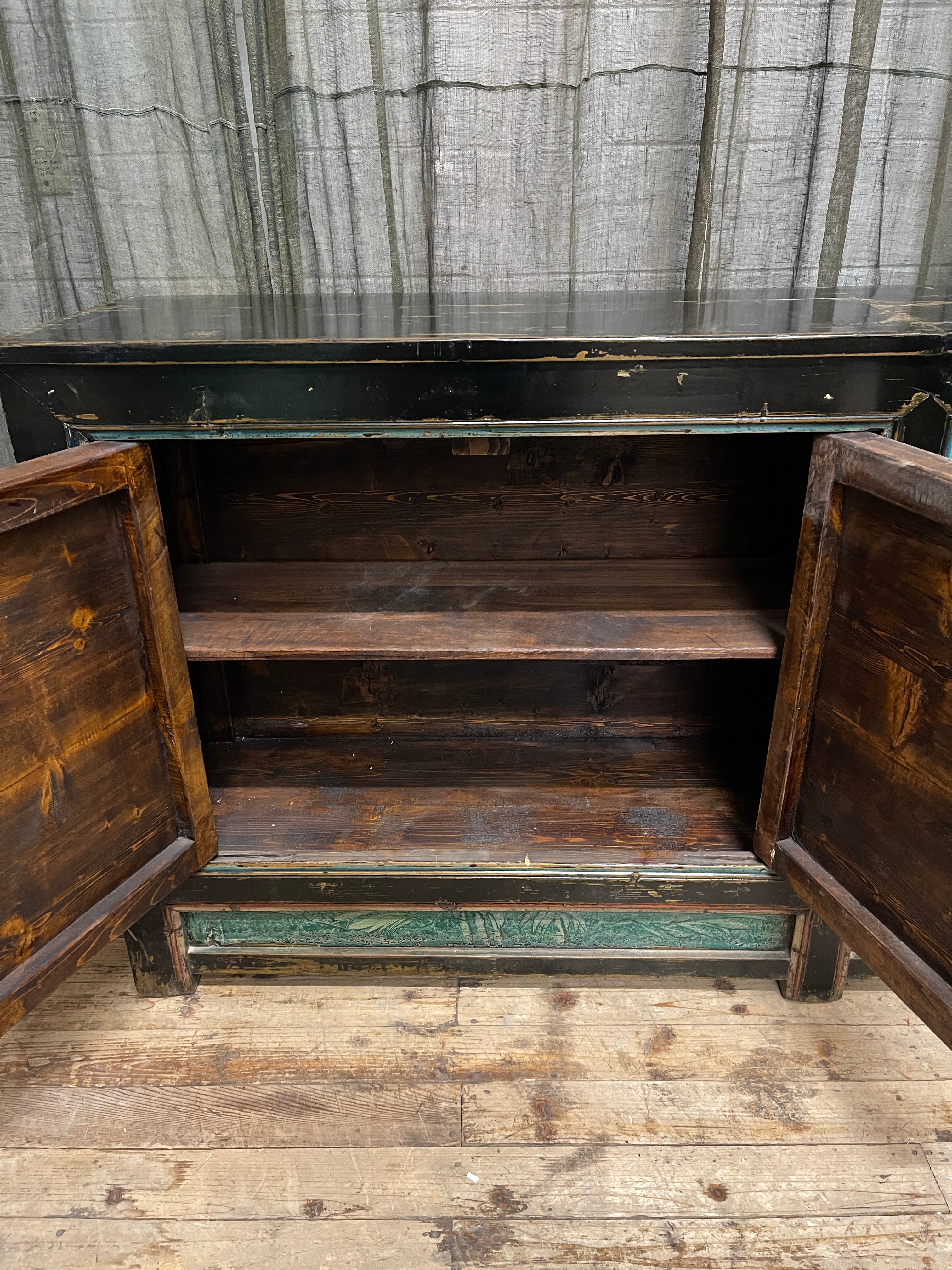 Antique Chinese Sideboard, Original Painted Finish, Floral & Lotus Panels