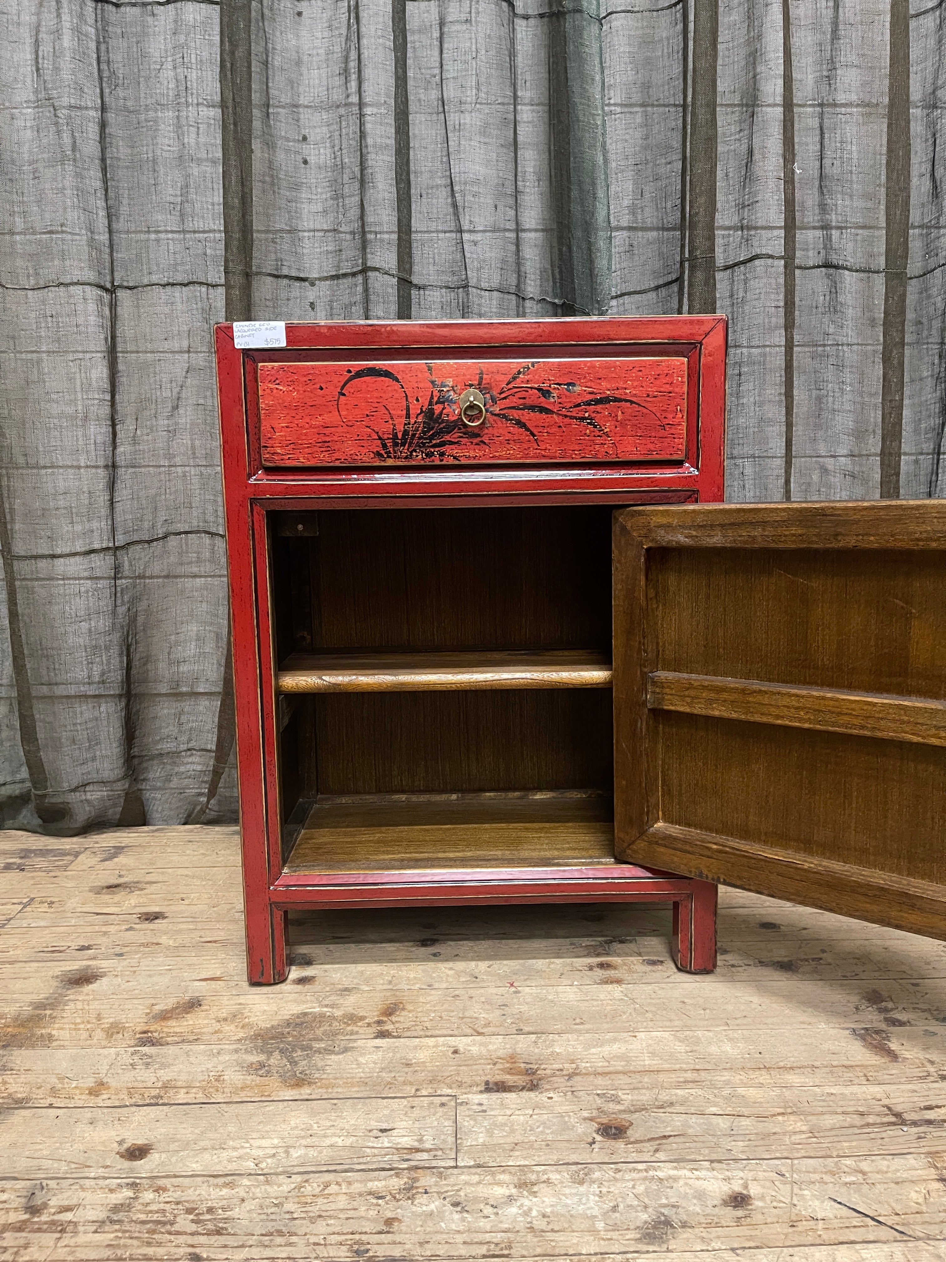 Chinese Red Lacquered Side Cabinet, Floral Motif