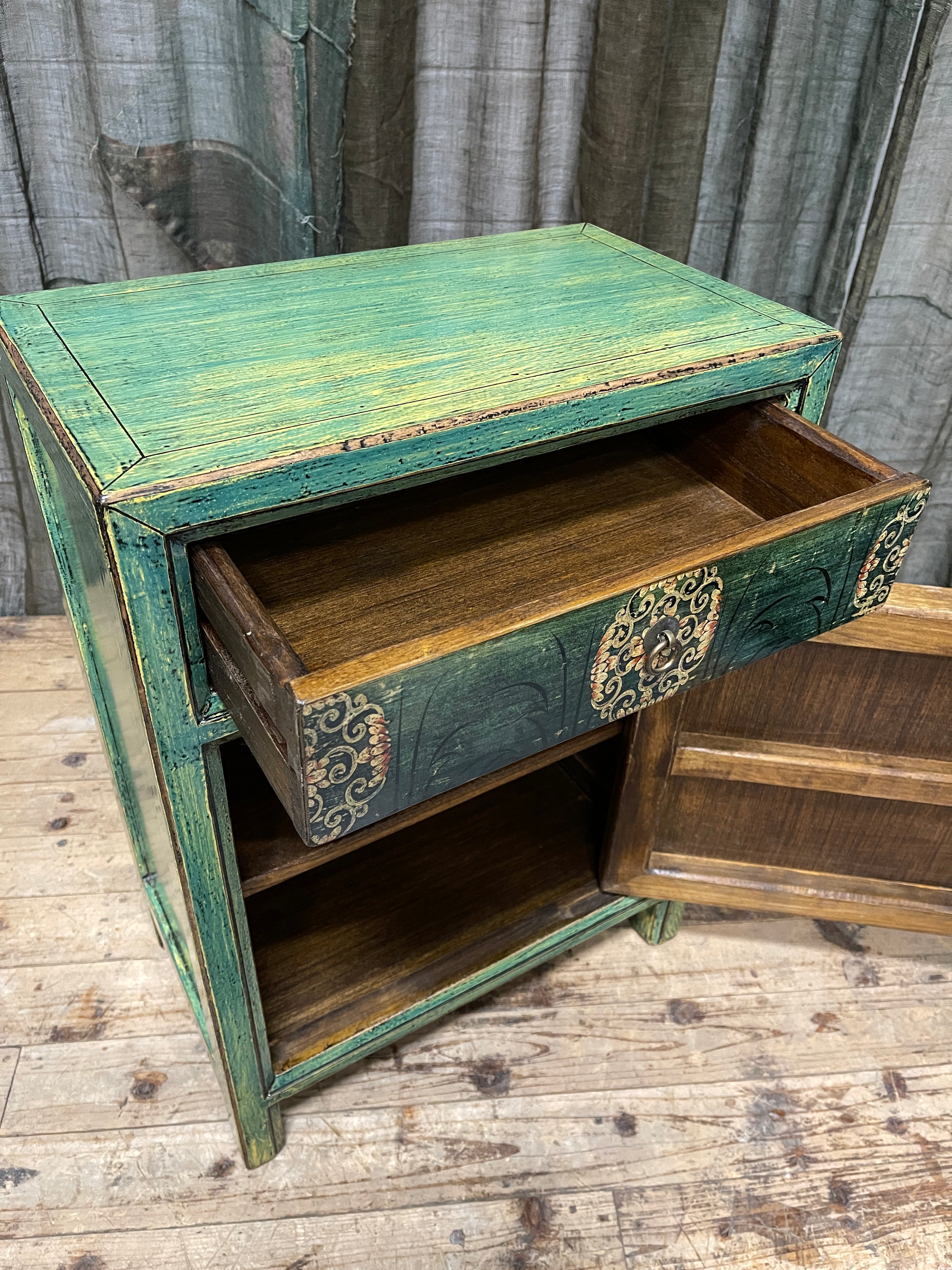 Provincial Style Chinese Green Lacquered Side Cabinet