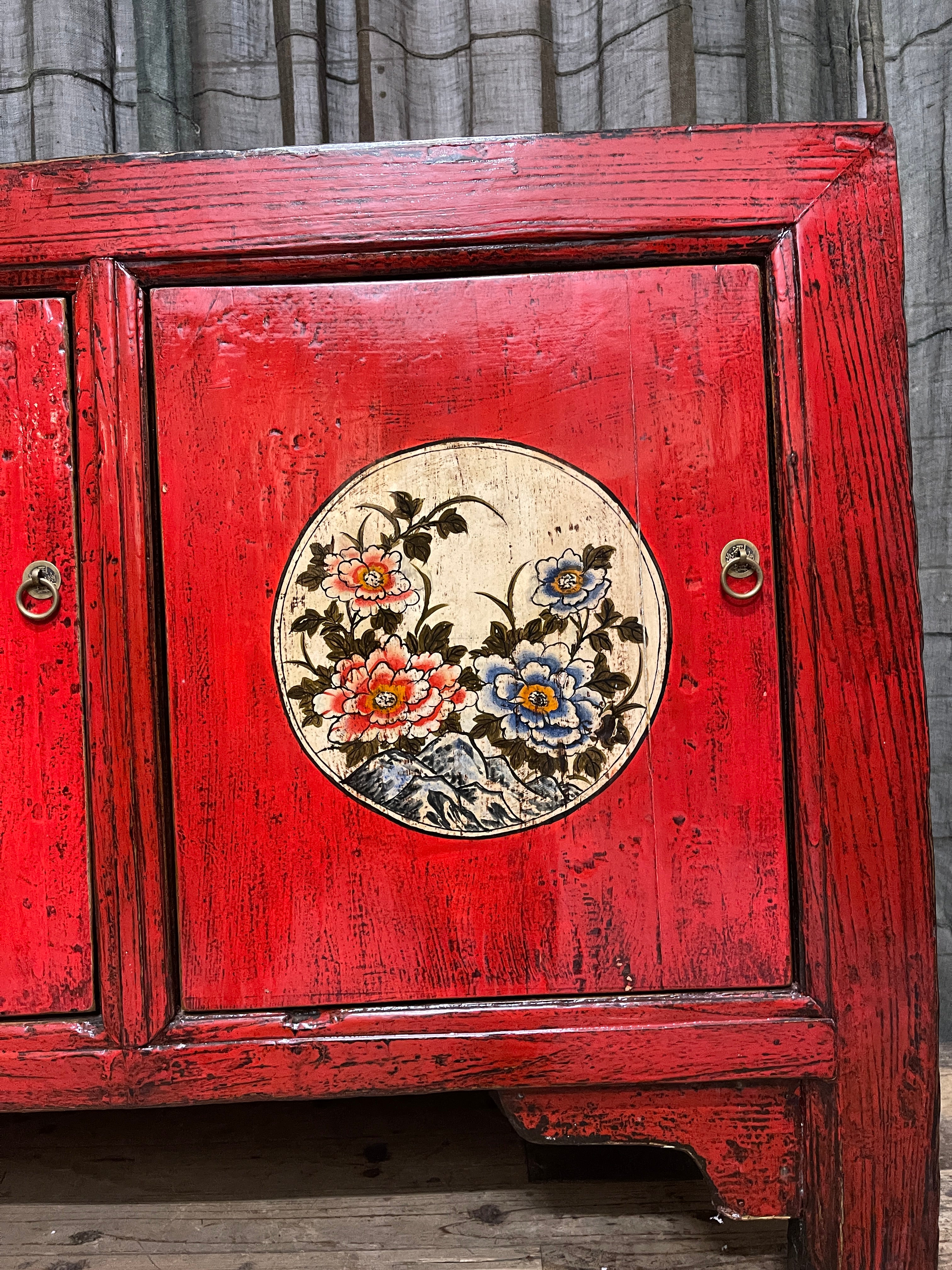Chinese Red Lacquered Sideboard, Floral Medallion, Gansu Province