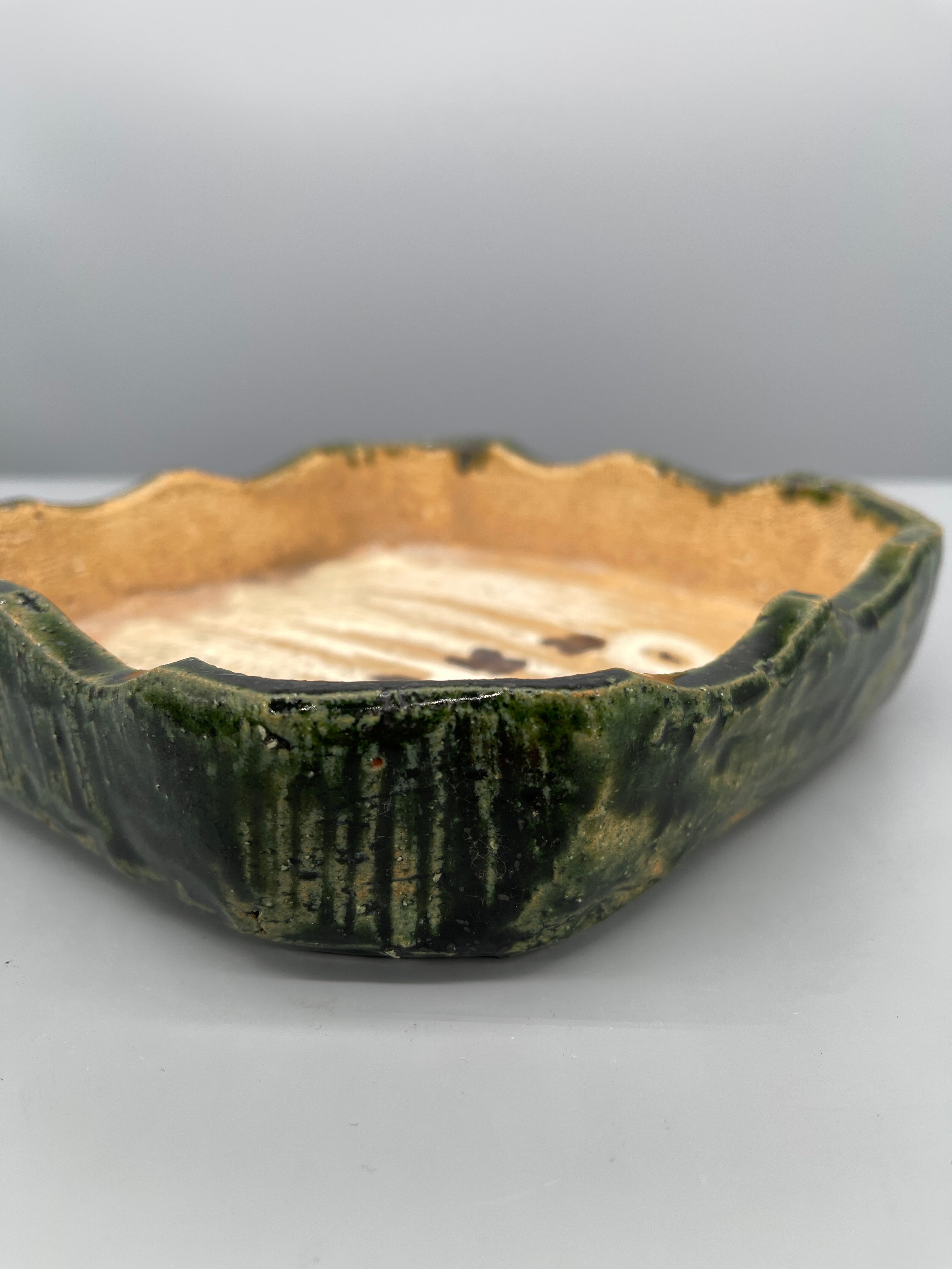 Vintage Japanese Square Dish, Oribe Green Glaze