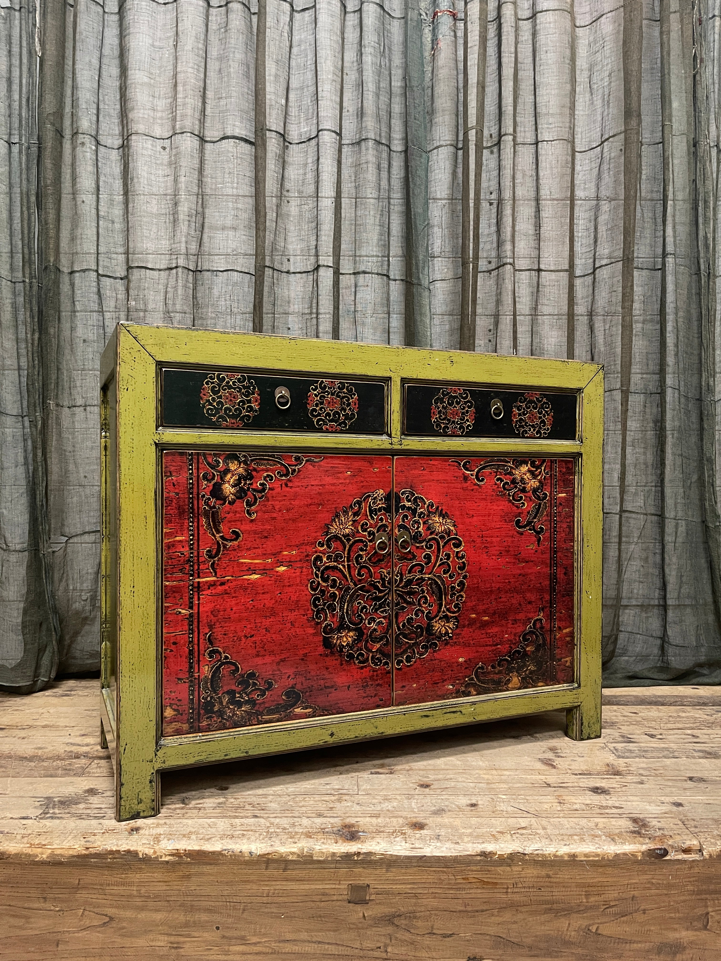 Chinese Green & Red Lacquered Cabinet, Floral Medallion