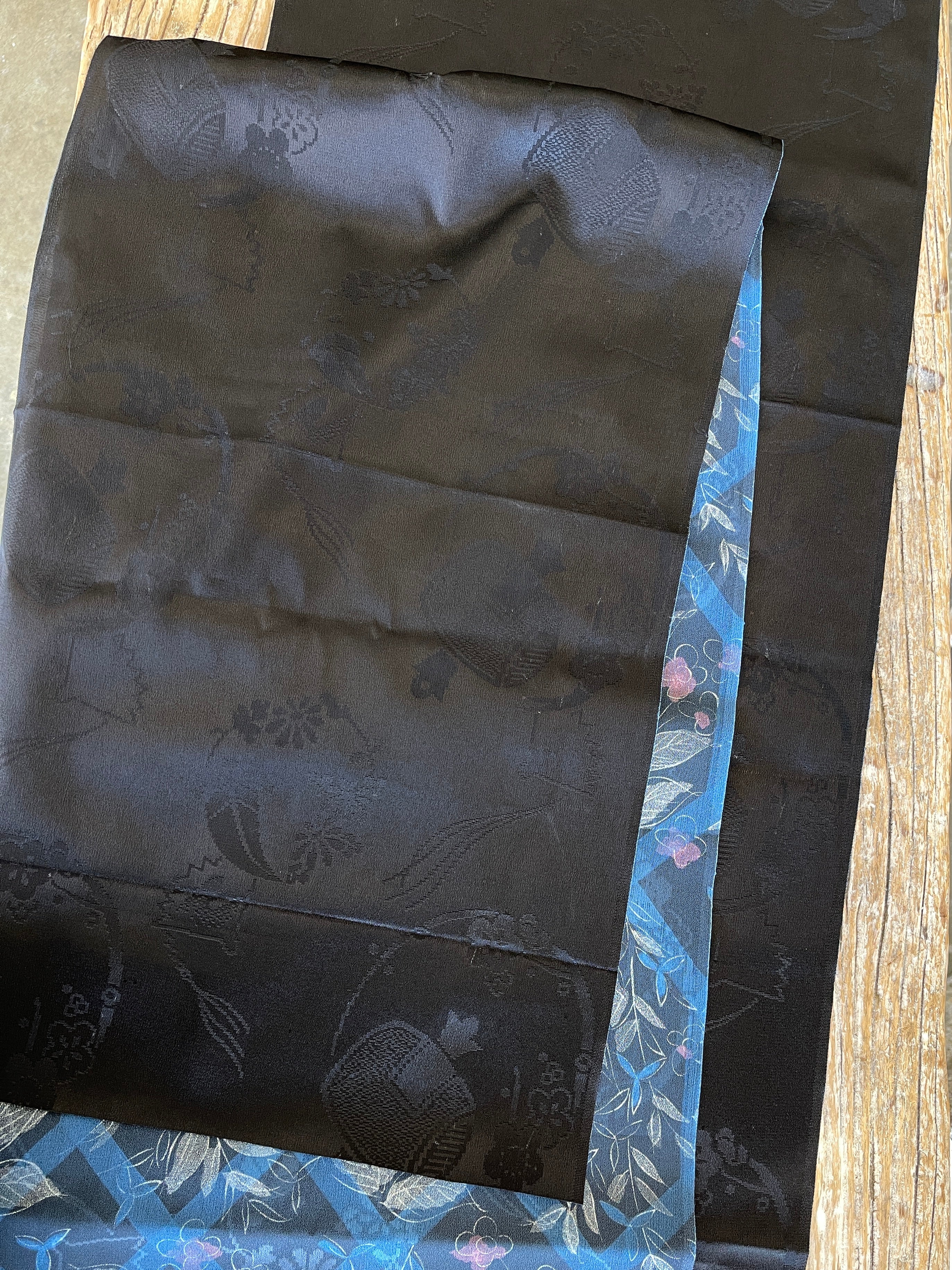 Japanese Silk Fabric, Black with Floral and Geometric Patterns