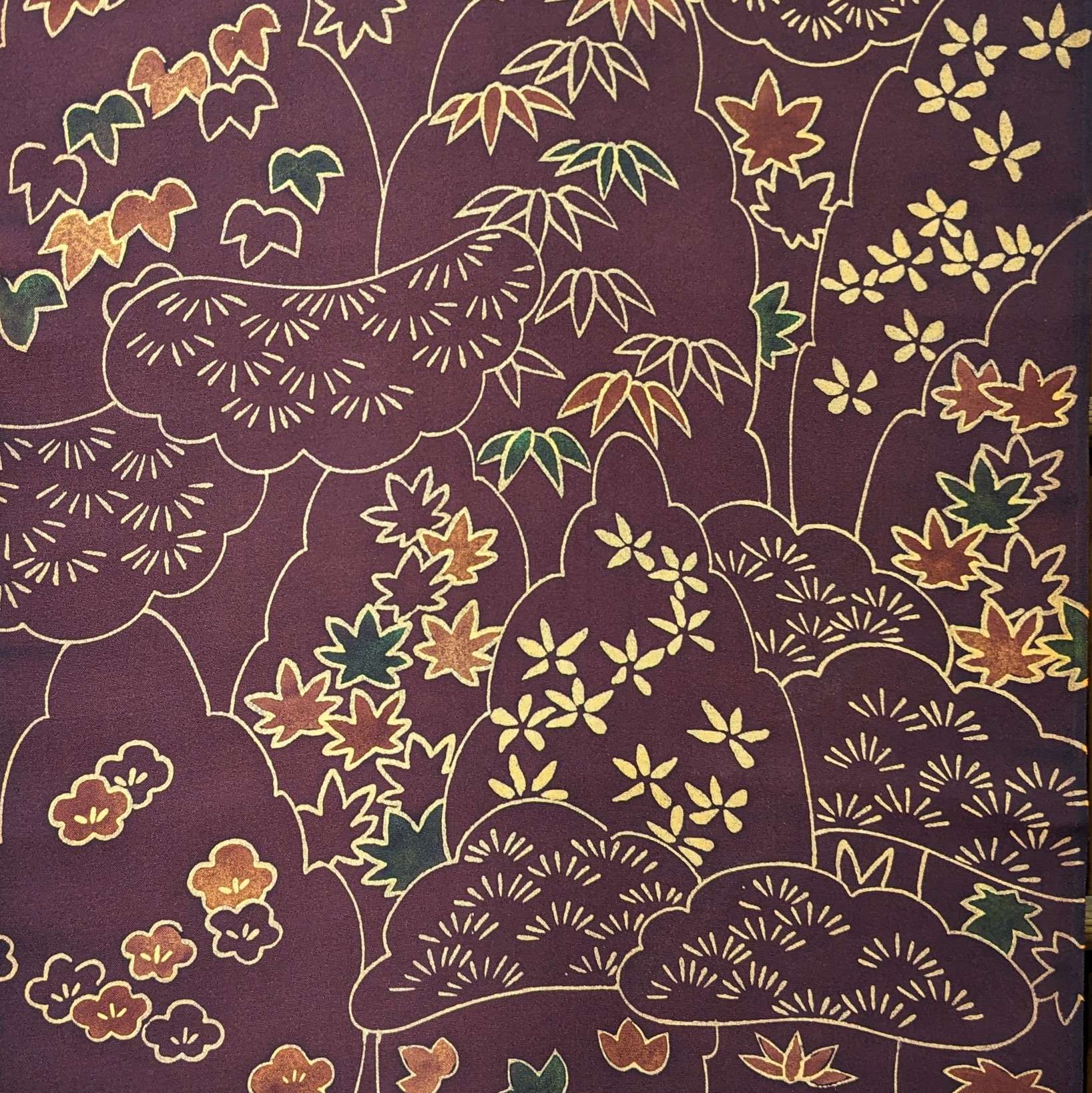 Japanese Silk Fabric, Dark brown with Shochikubai