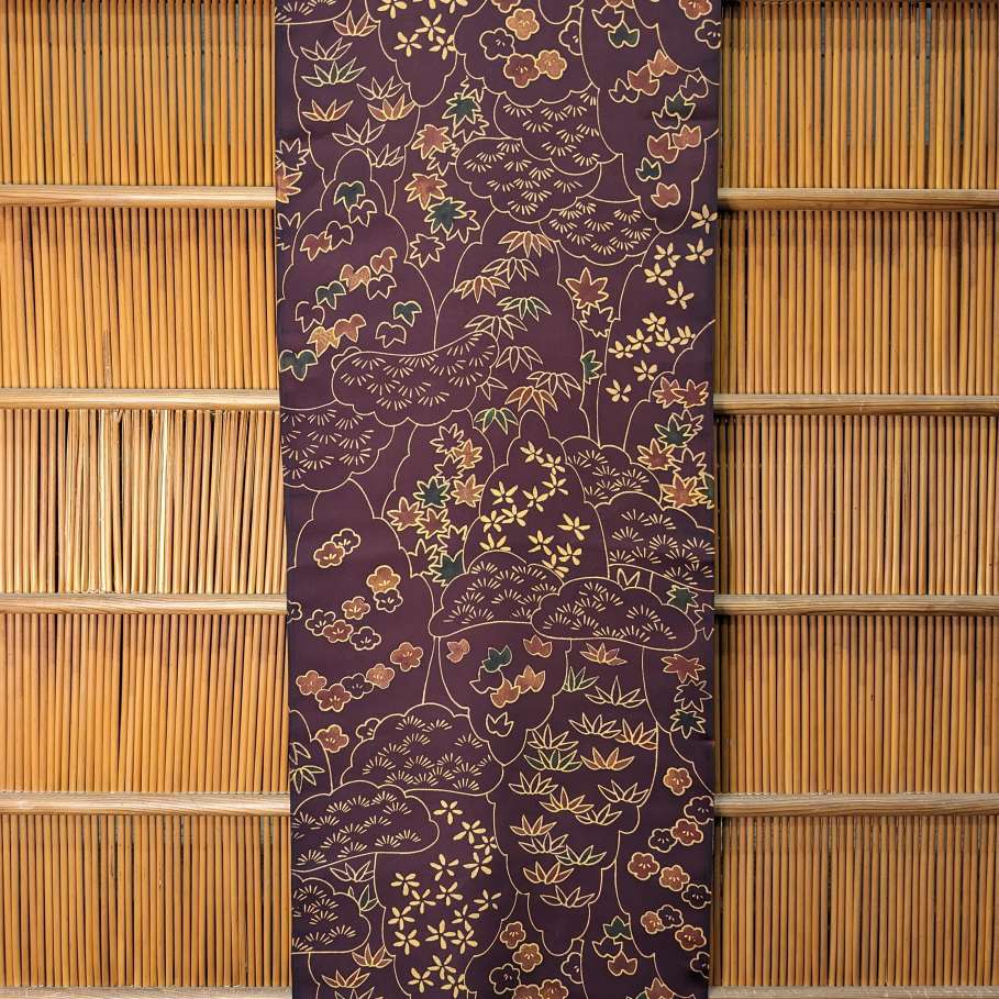 Japanese Silk Fabric, Dark brown with Shochikubai