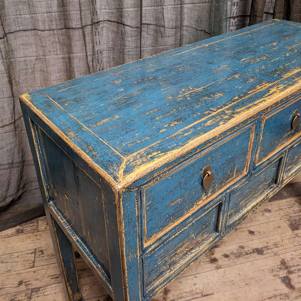 Chinese Blue Lacquered Three Drawer Hall Table