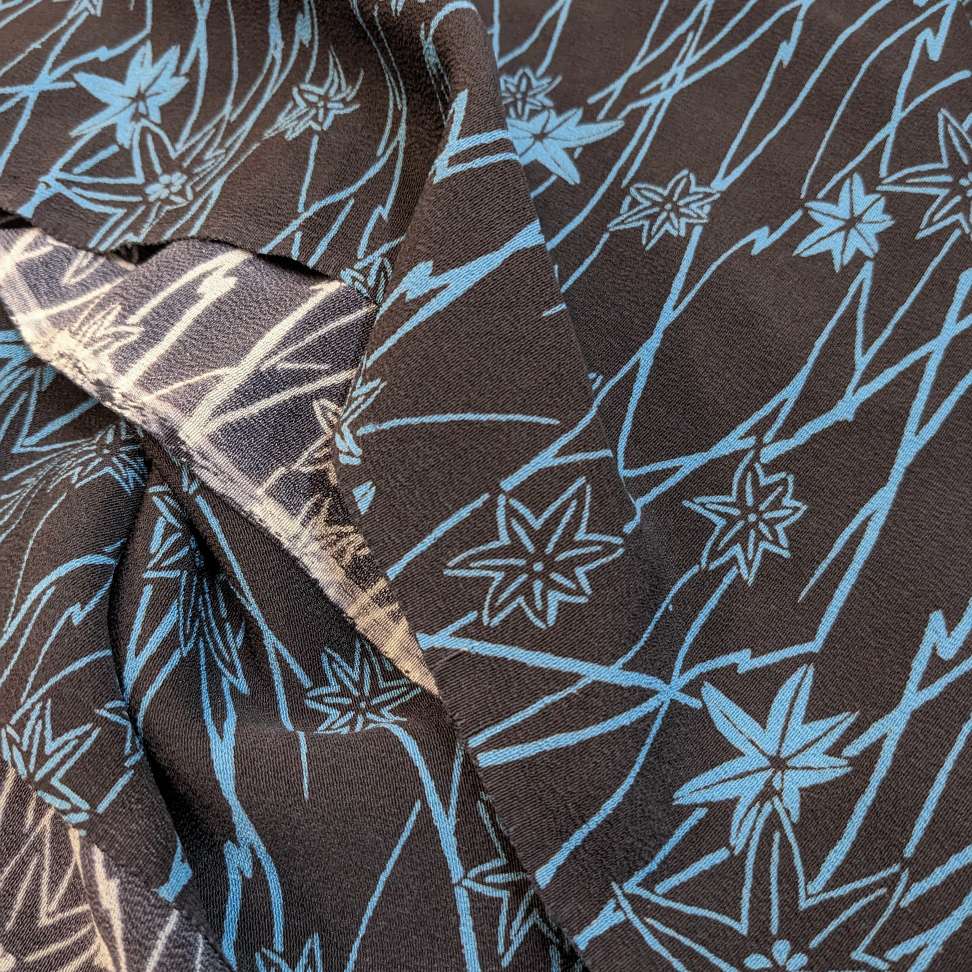 Japanese Silk Fabric, Black & Blue Maple Leaves Pattern