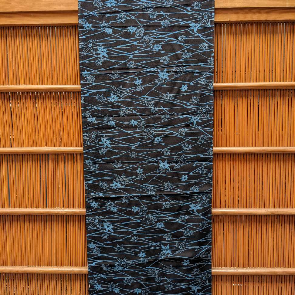 Japanese Silk Fabric, Black & Blue Maple Leaves Pattern