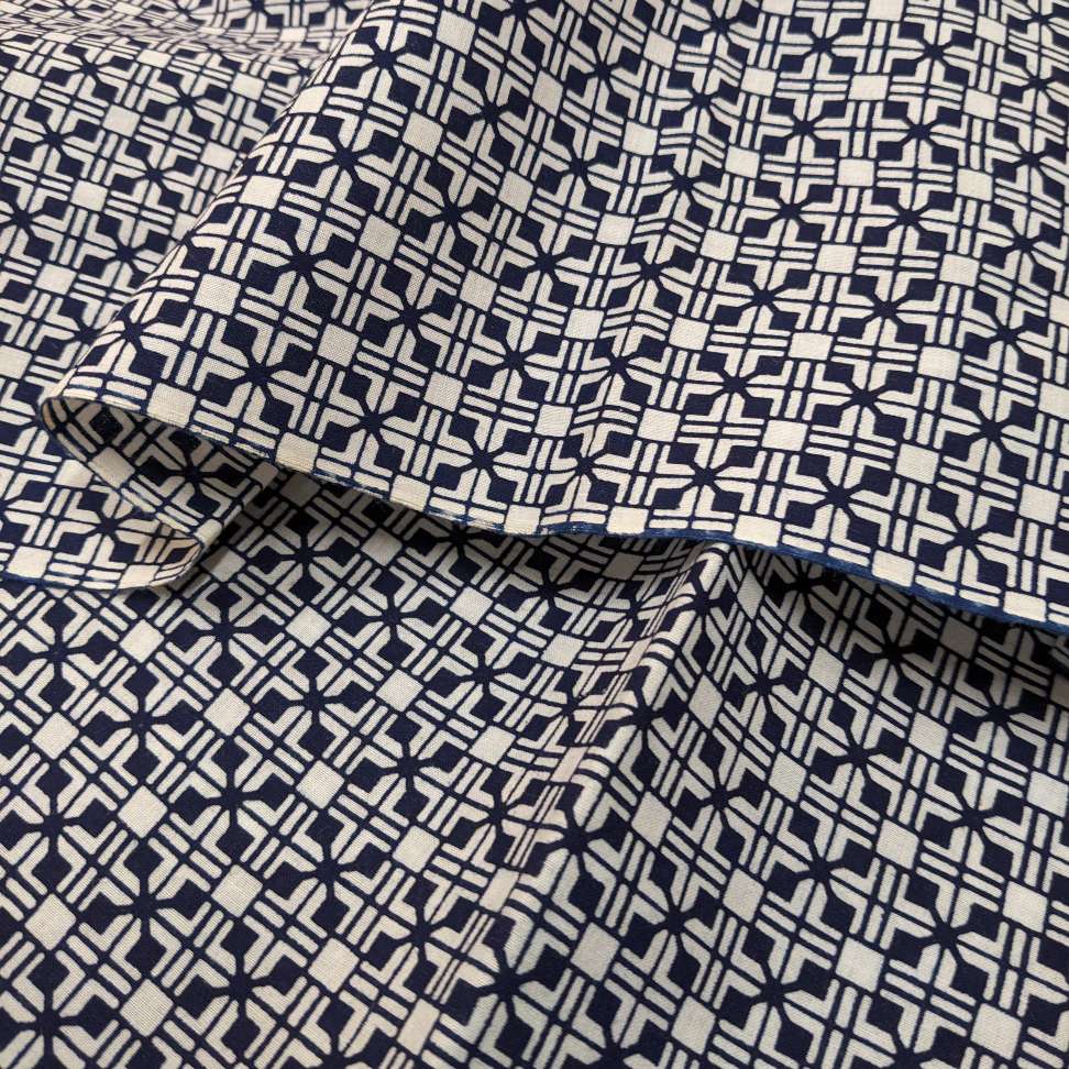 Japanese Yukata Cotton Fabric, Indigo Geometric Pattern