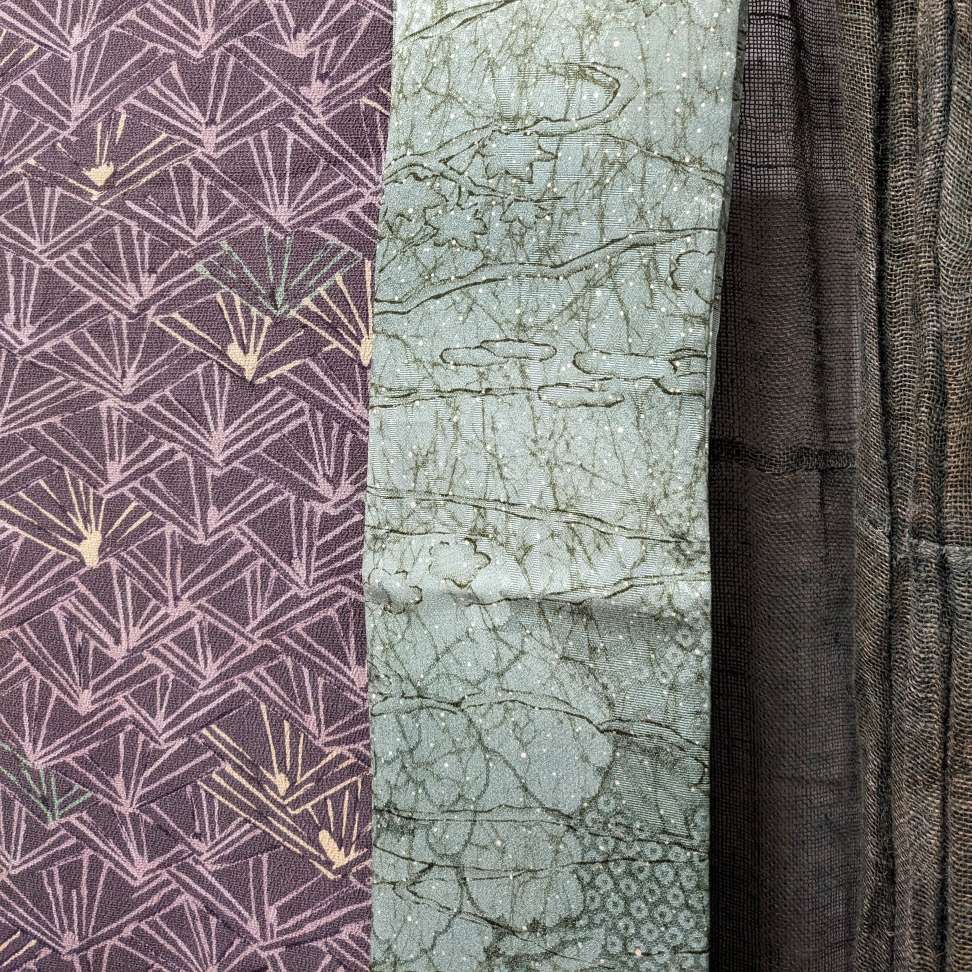 Vintage Japanese Silk Kimono & Tie | Purple, Green & Yellow Mount Fuji Design
