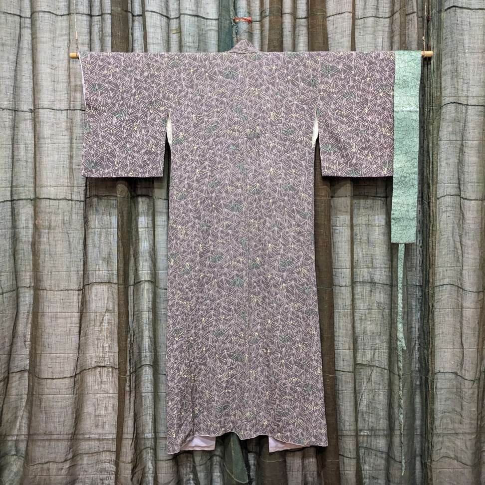 Vintage Japanese Silk Kimono & Tie | Purple, Green & Yellow Mount Fuji Design