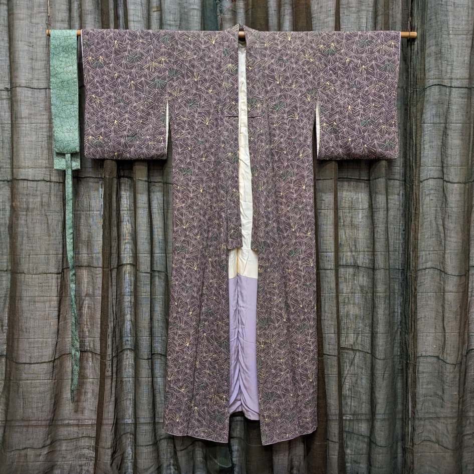 Vintage Japanese Silk Kimono & Tie | Purple, Green & Yellow Mount Fuji Design