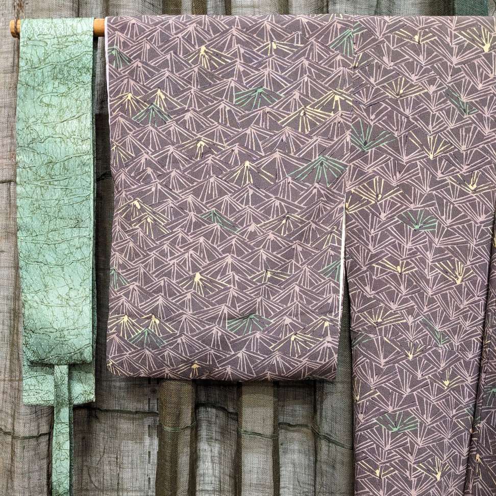 Vintage Japanese Silk Kimono & Tie | Purple, Green & Yellow Mount Fuji Design