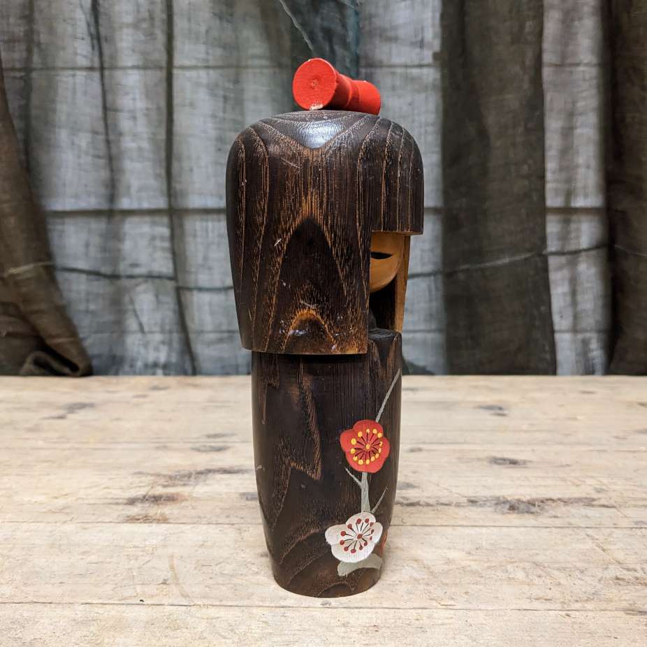 Vintage Japanese Kokeshi Doll with Plum Blossom Design Kimono