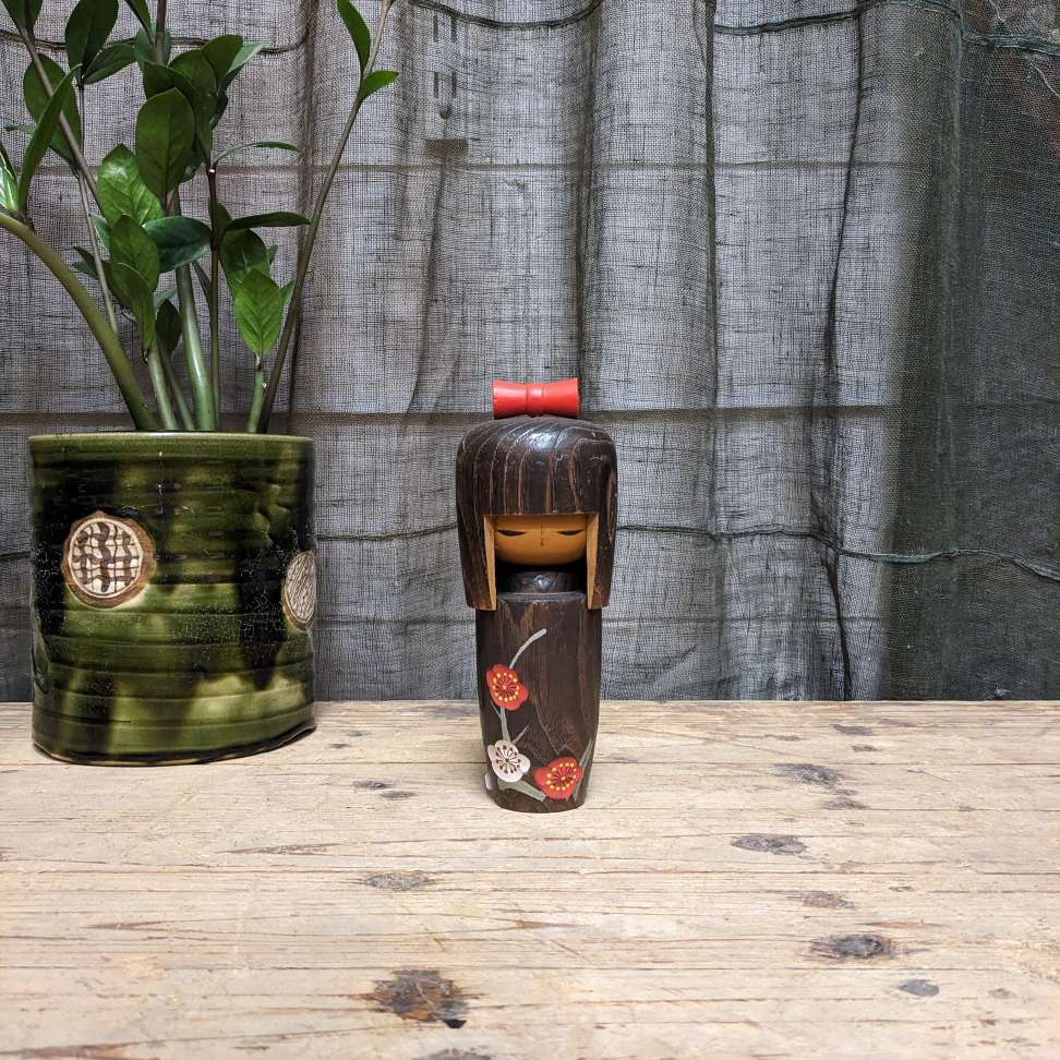 Vintage Japanese Kokeshi Doll with Plum Blossom Design Kimono