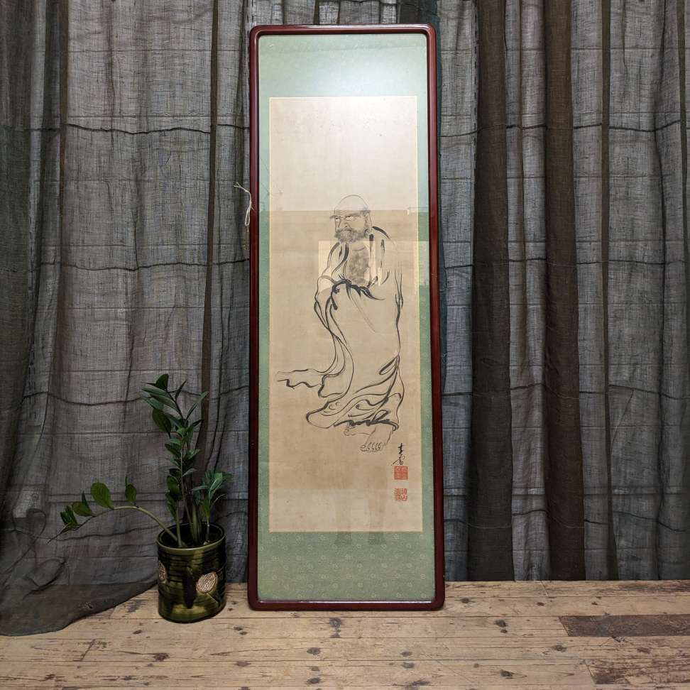 Japanese Mid Century Framed Daruma Sumi-e Painting