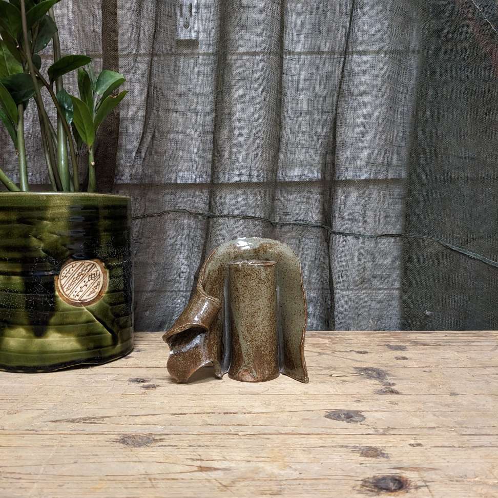 Vintage Small Unique Japanese Ikebana Vase - Brown Glaze