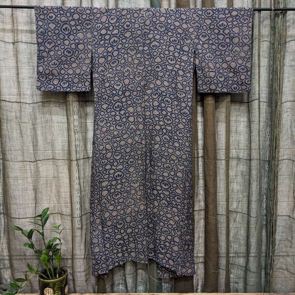 Vintage Japanese Hemp Kimono With Floral Pattern