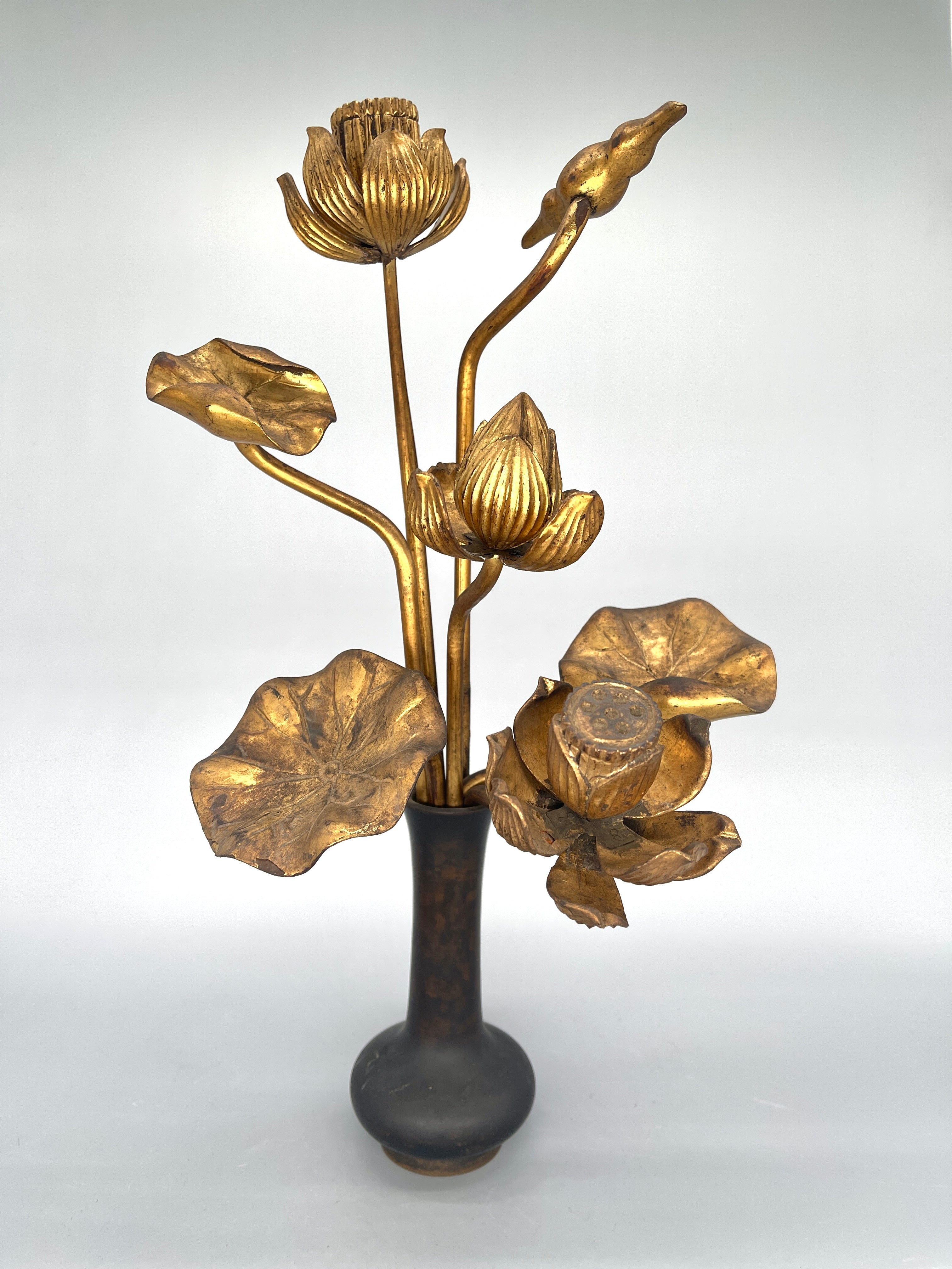 Antique Pair Of Japanese Gilded Lotus Flowers (JYOKA)
