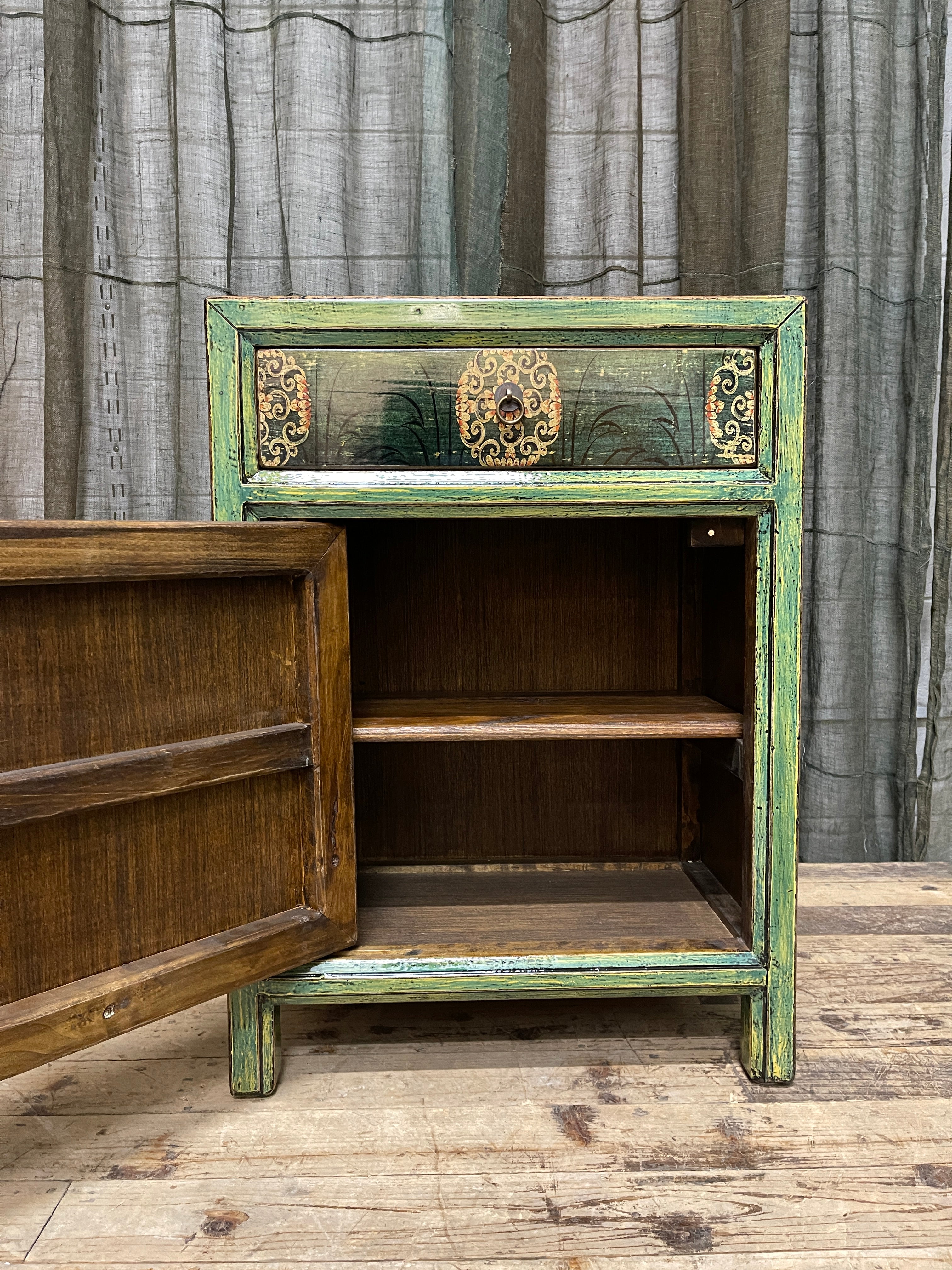 Provincial Style Chinese Green Lacquered Side Cabinet