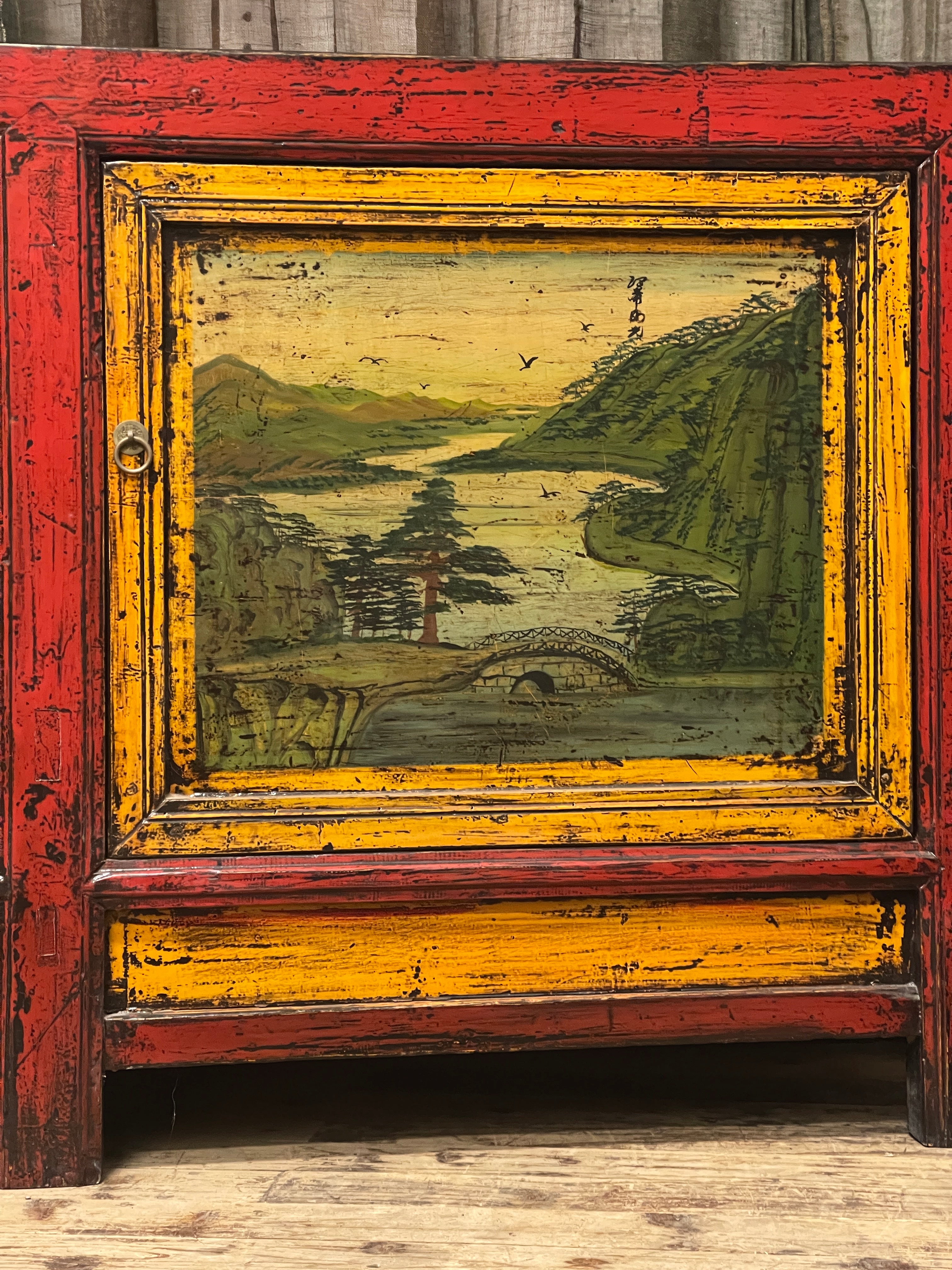 Antique Chinese Sideboard, Original Painted Finish, Landscape Panels