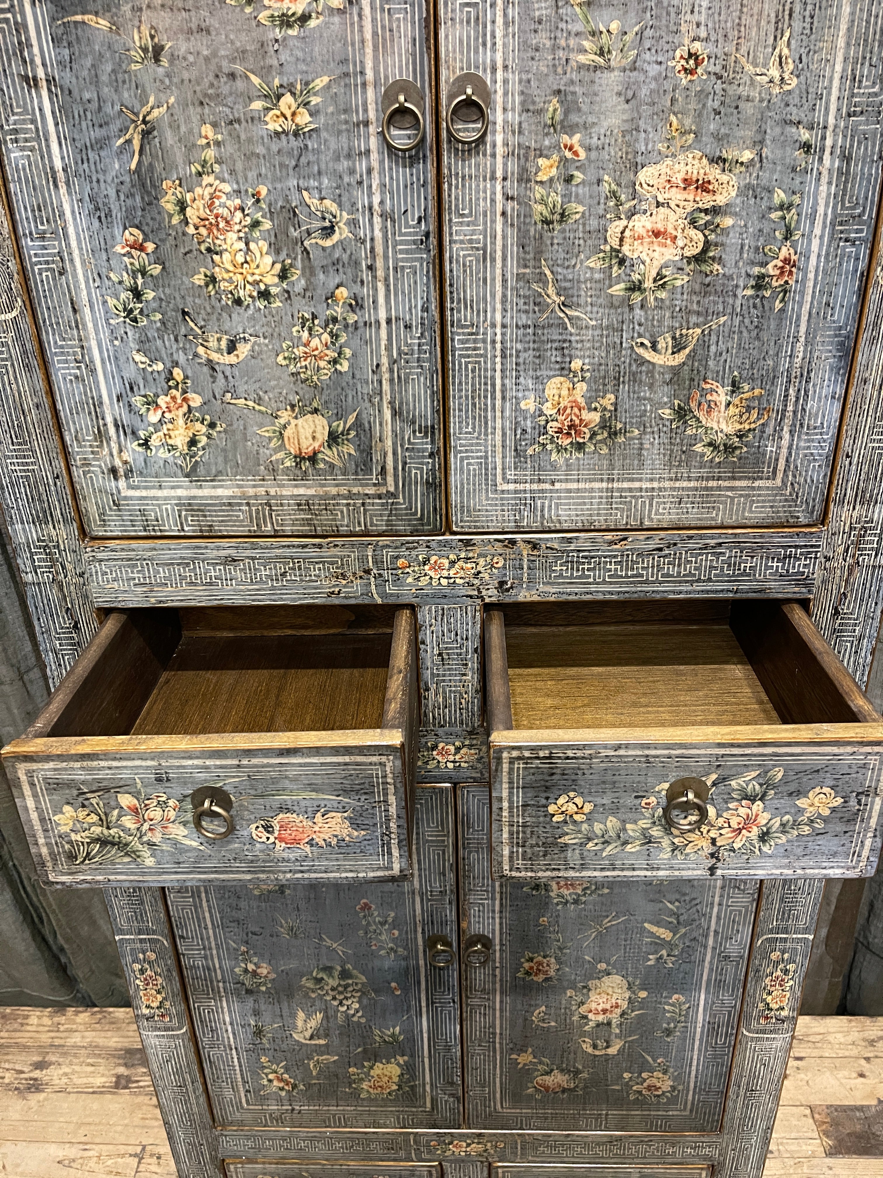 Chinese Grey Lacquered Storage Cabinet, Floral Panels