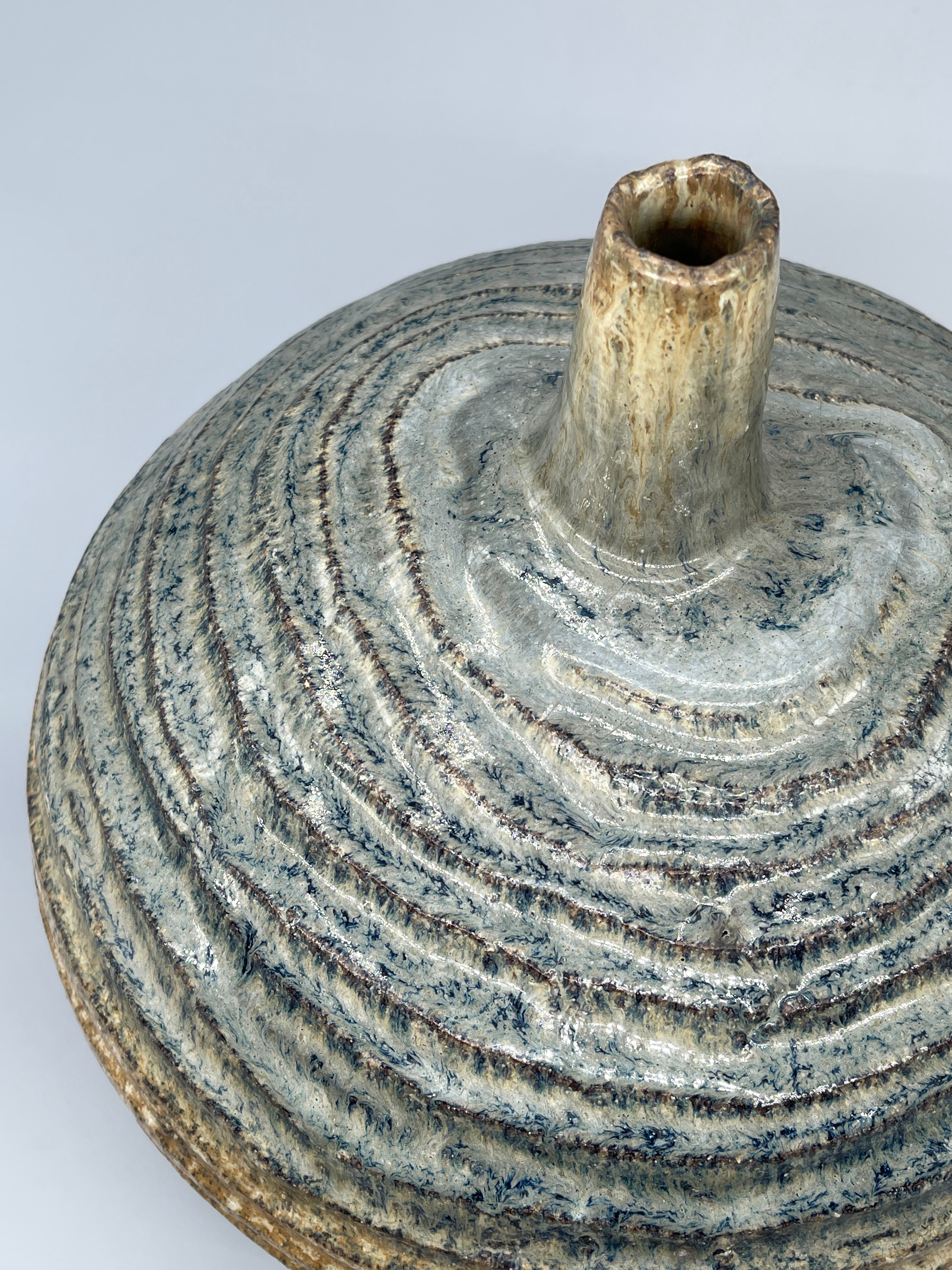 Large Vintage Japanese Ikebana Vase - Earthy Green & Blue Glaze