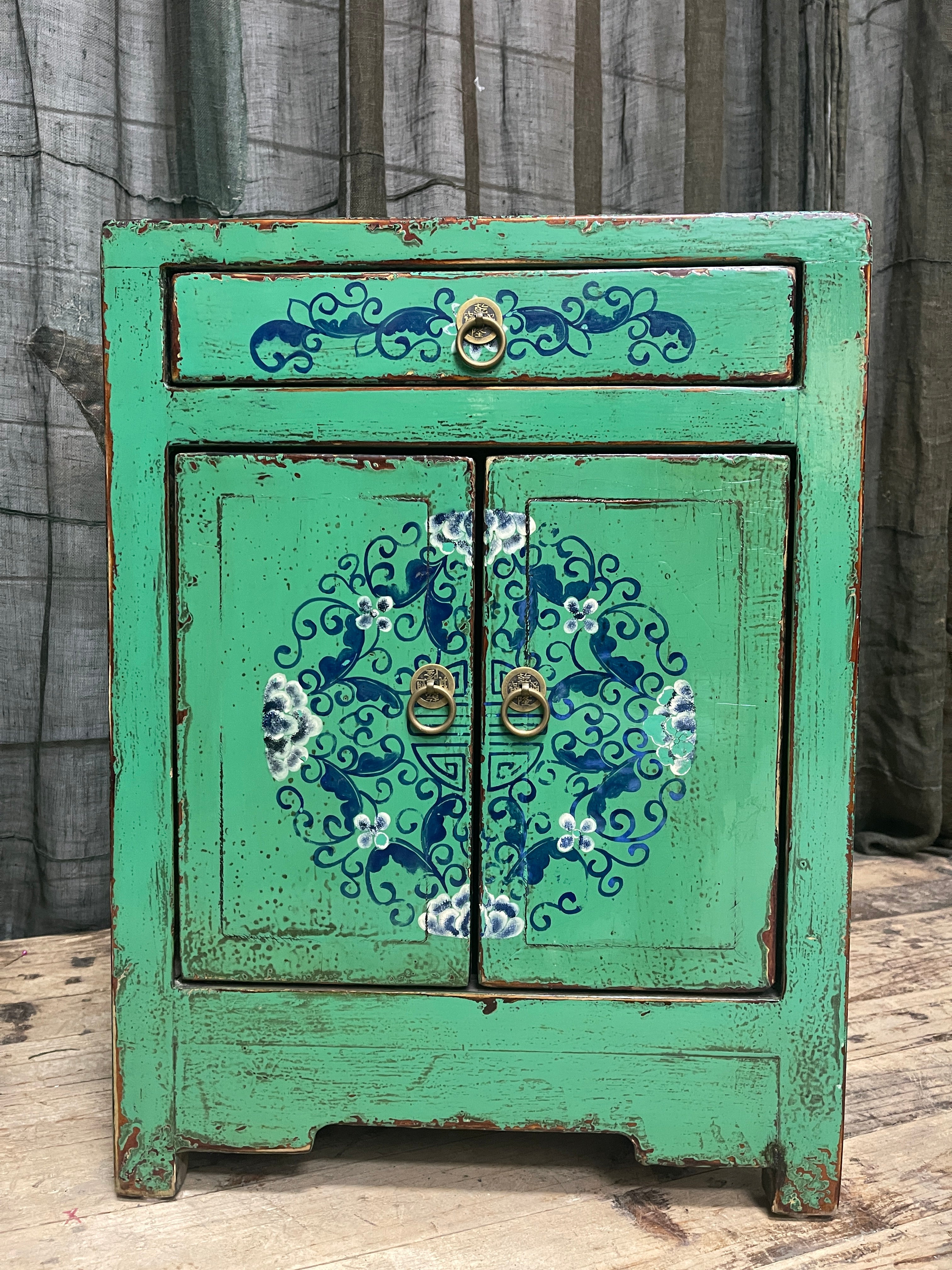 Chinese Green Lacquered Side Cabinet