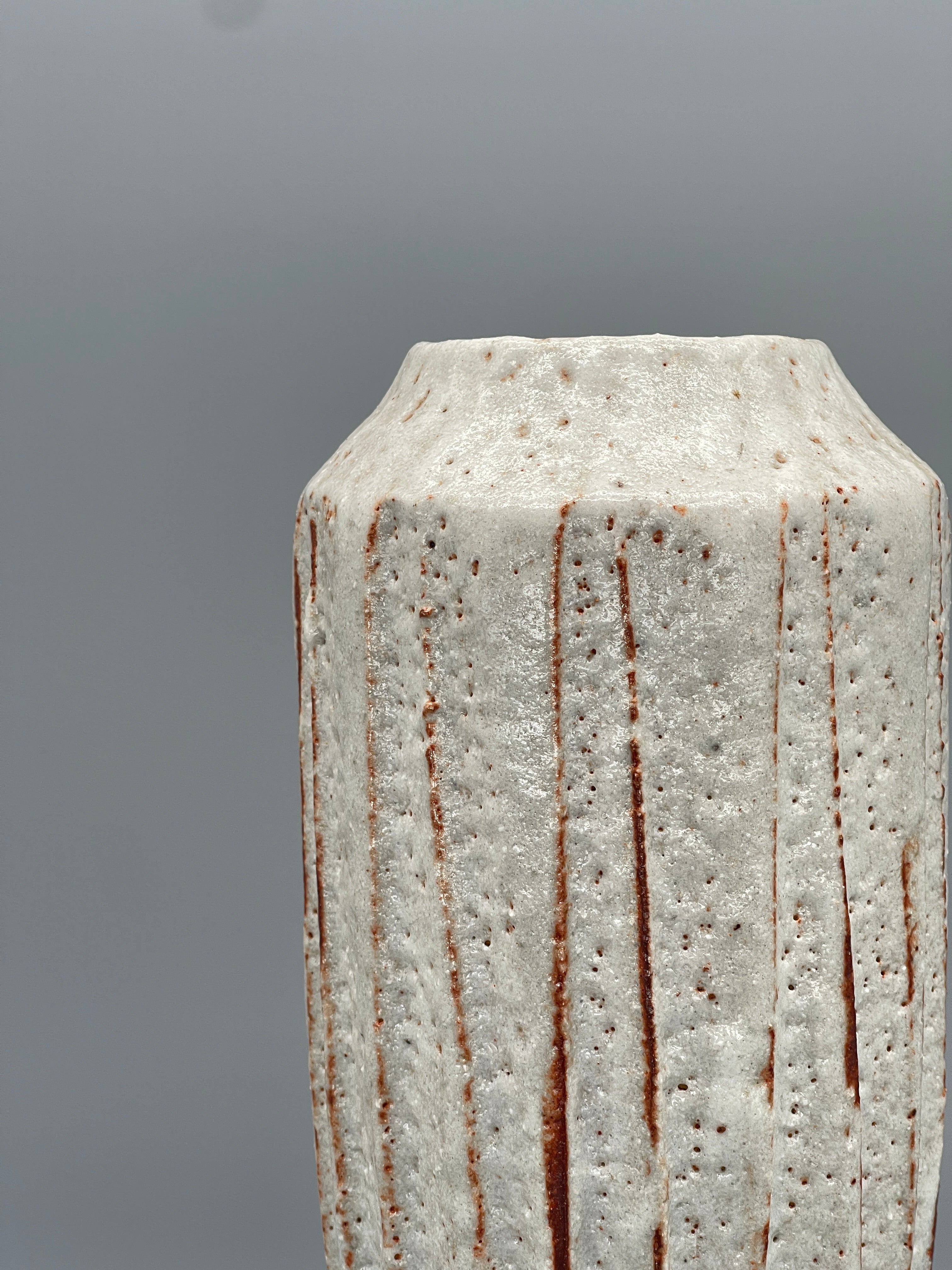 Tall Vintage Japanese Ikebana Vase - White & Orange Shino Glaze