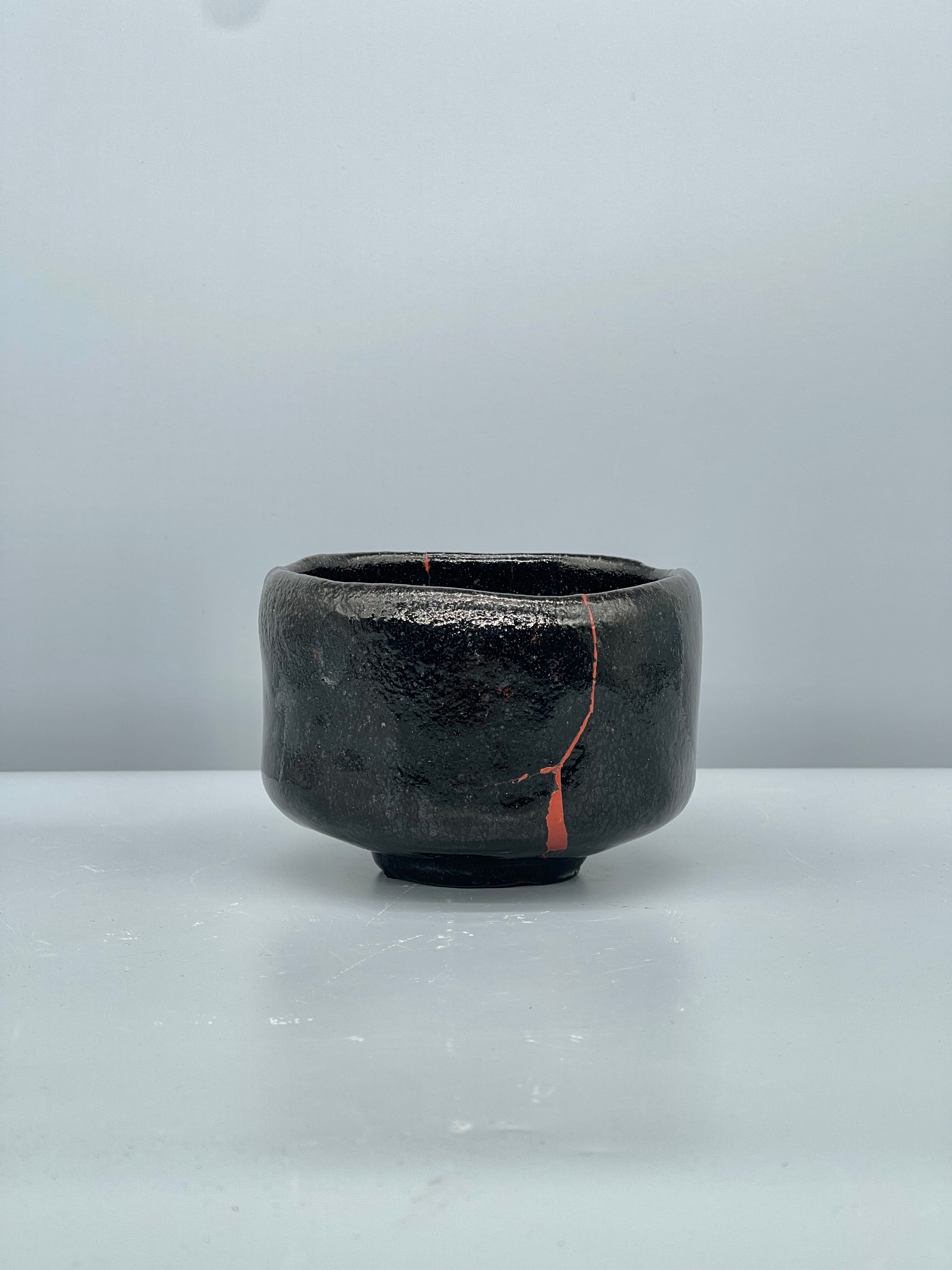 Vintage Japanese Kuro Raku Chawan, Lacquer Repair