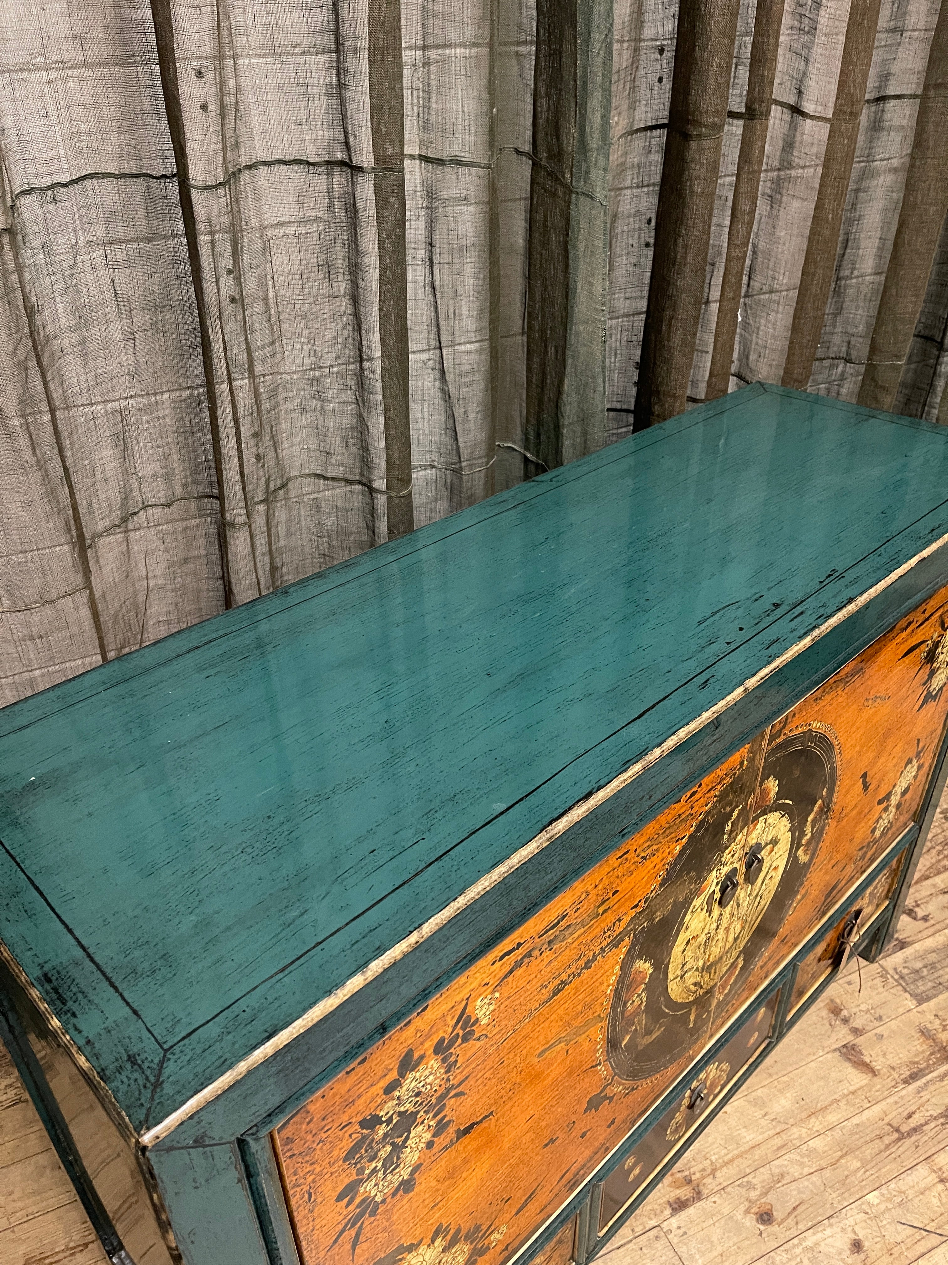 Chinese Teal & Orange Lacquered Cabinet