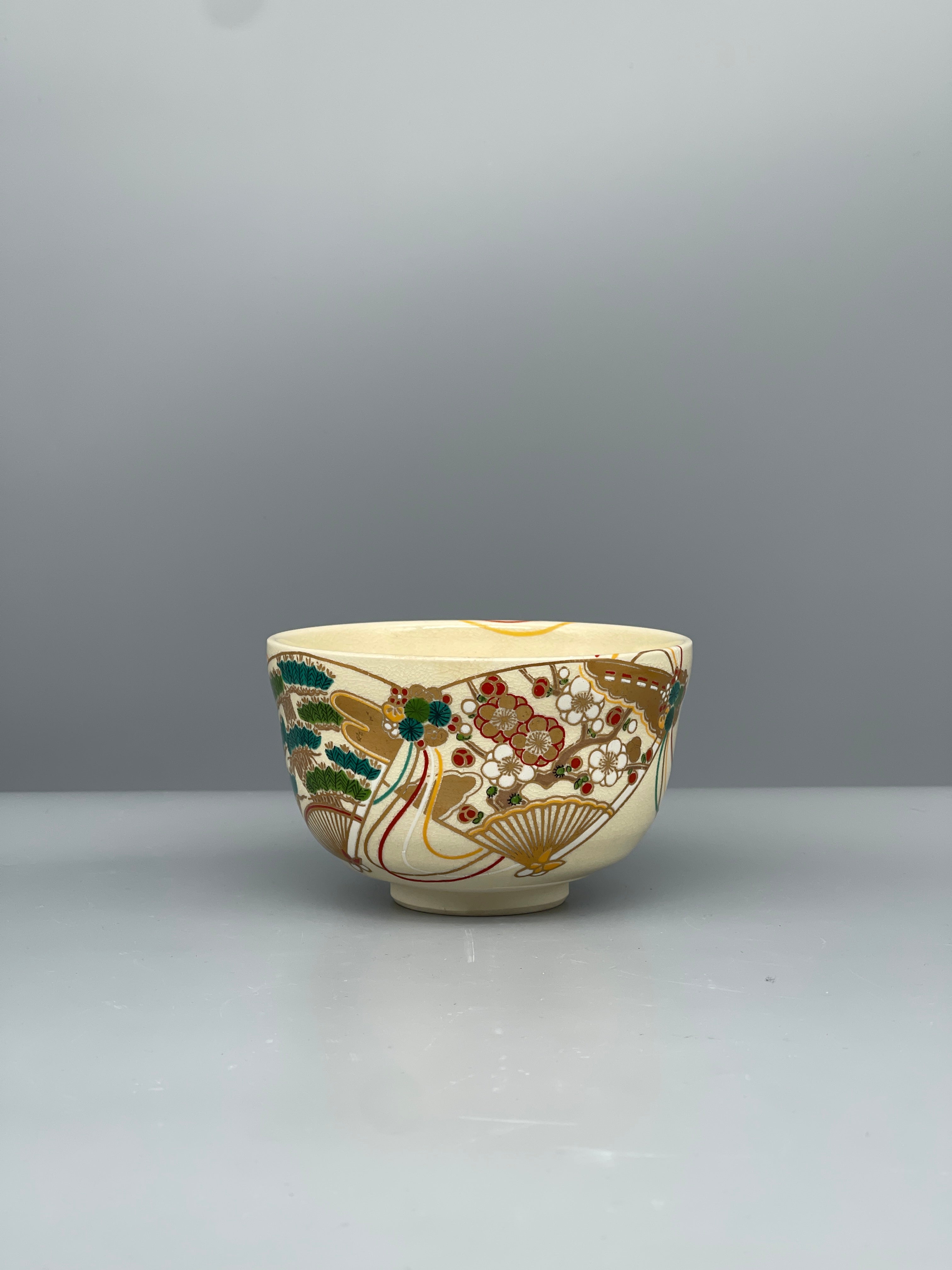 Vintage Japanese Chawan Tea Bowl - Ceramic, Crackle Glaze with Enamelled Fan & Blossom Design