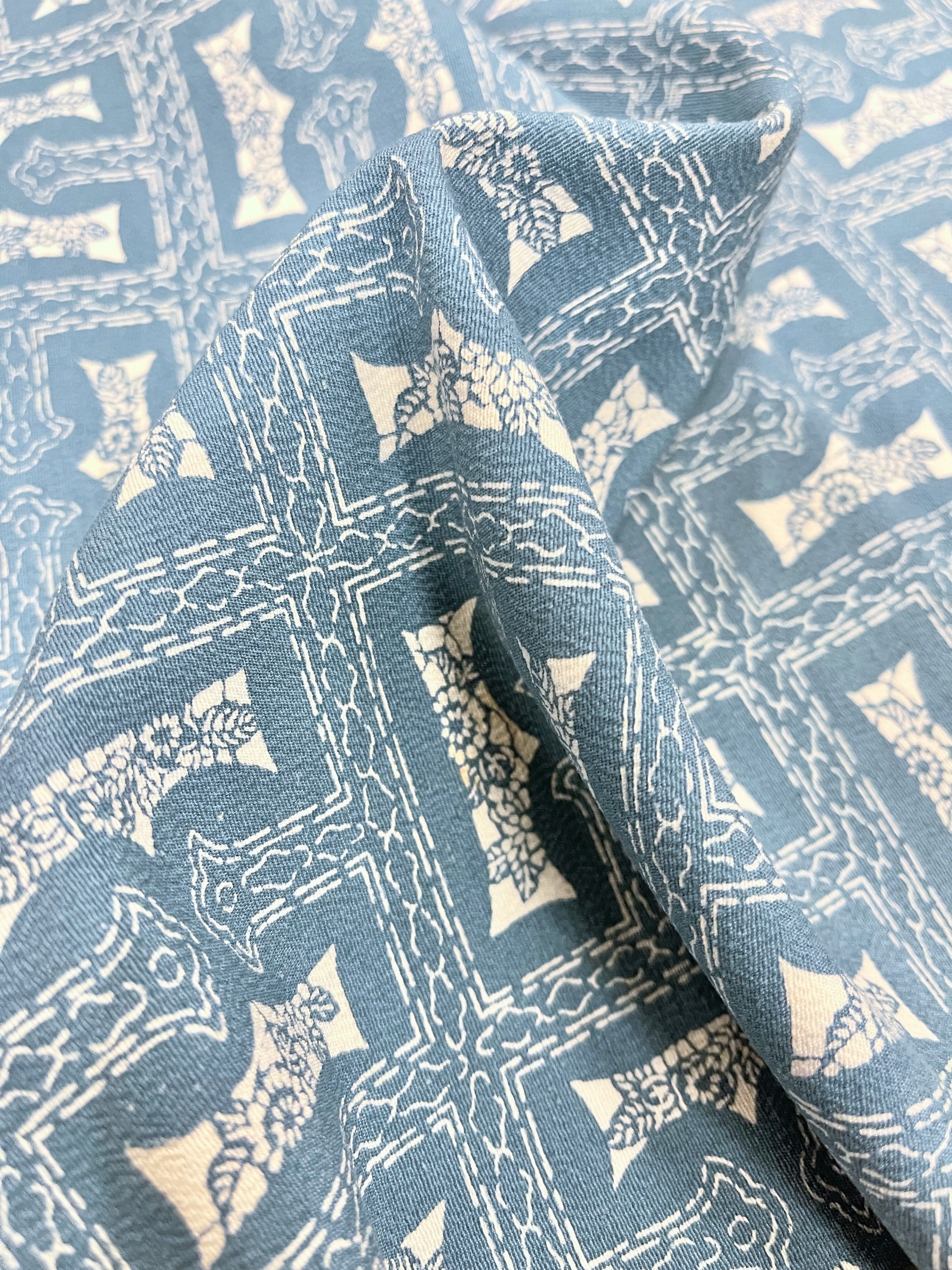 Japanese Silk Fabric, Blue Geometric Pattern